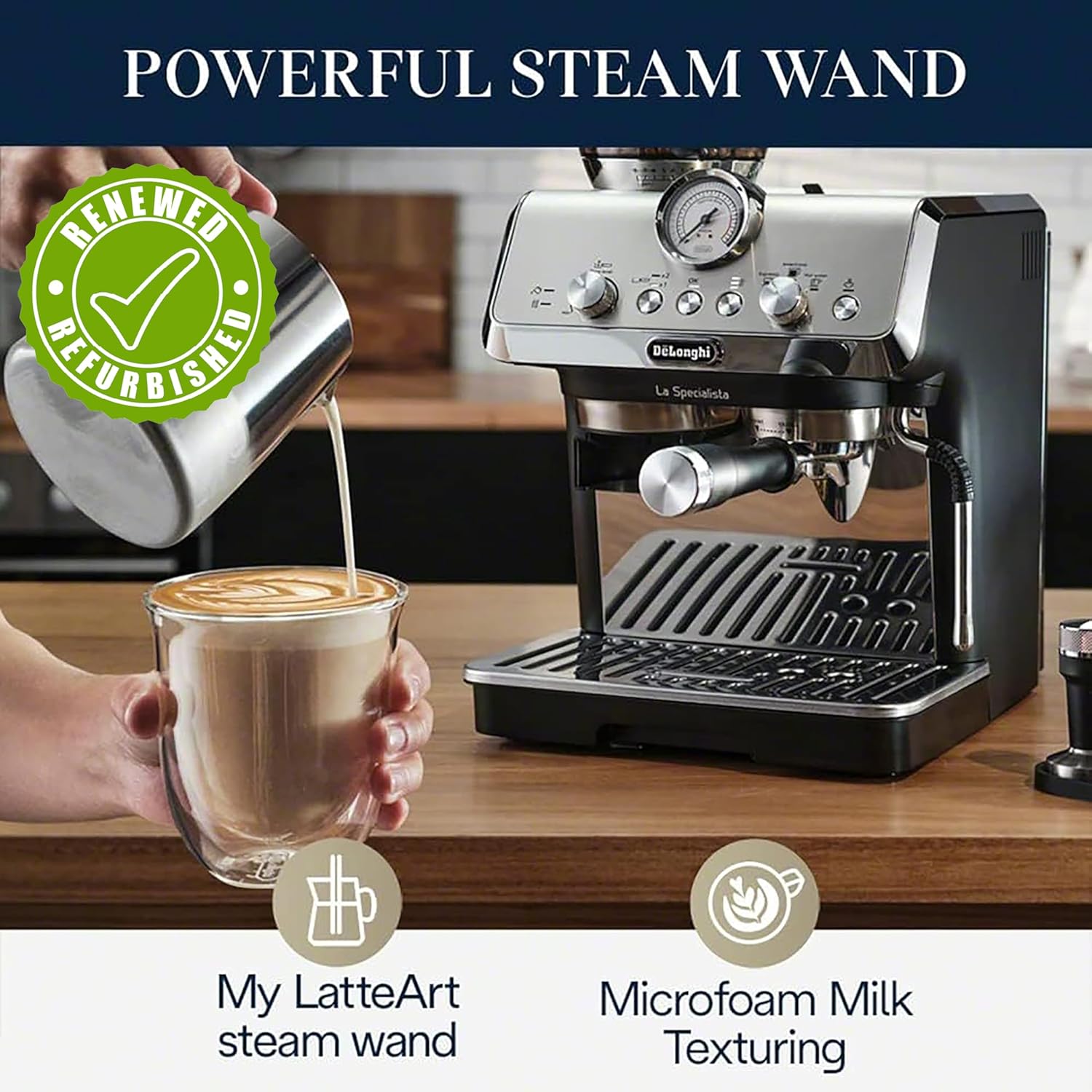 Two espresso shots being extracted from the De'Longhi La Specialista Arte Espresso Machine into glass cups.