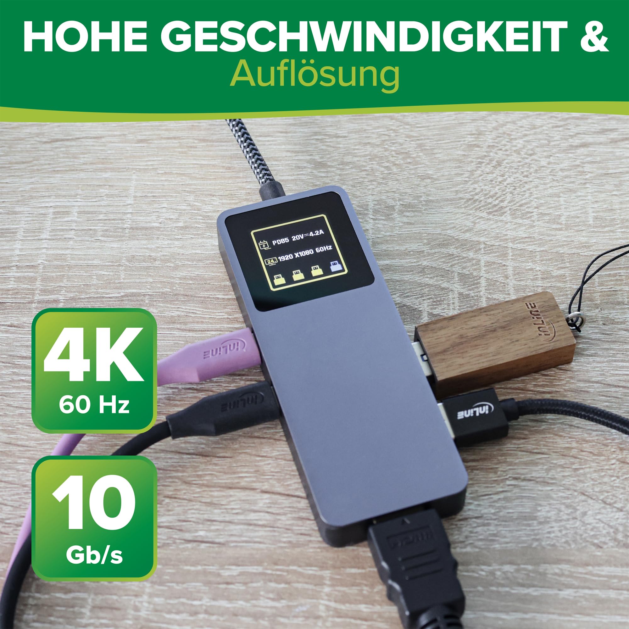 Inline Koncentrator USB 3.2 Gen.2 z 3 x USB-C, 2 x USB-A, HDMI 4K, PD 100 W, wyświetlacz, szybki transfer danych, kompatybilny z Windows macOS Linux, 35392D