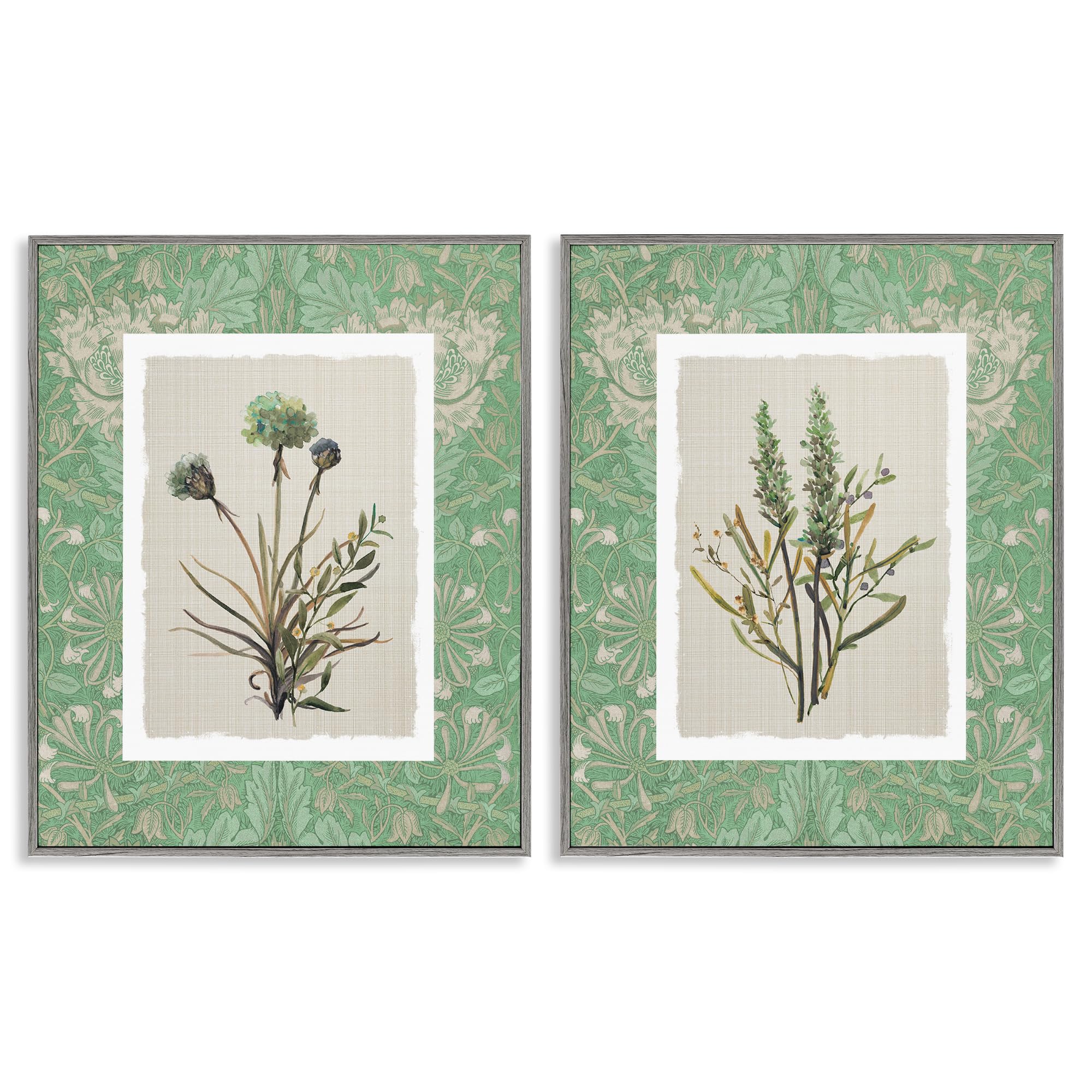 Stupell Industries 'Green Tone Herbal Blooms', 2pc Framed Giclee Art Set 2, Gray, 24 x 30 Inches, Easy to Hang and Sturdy, Made in USA, by Carol Robinson