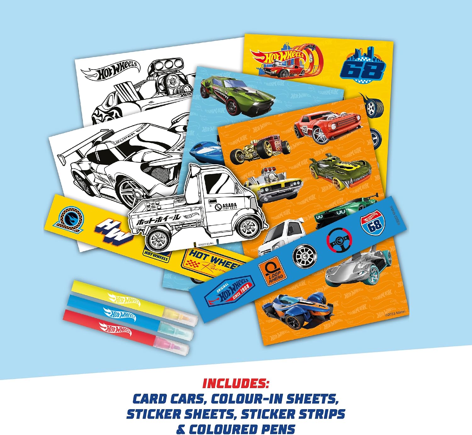 BLADEZ Licensed Hot Wheels Stickers Creative Activity Set Includes Cardboard Cars, Stickers, Pens and Coloring Sheets for Kids, Art Toy and Creative Play for Ages 3+