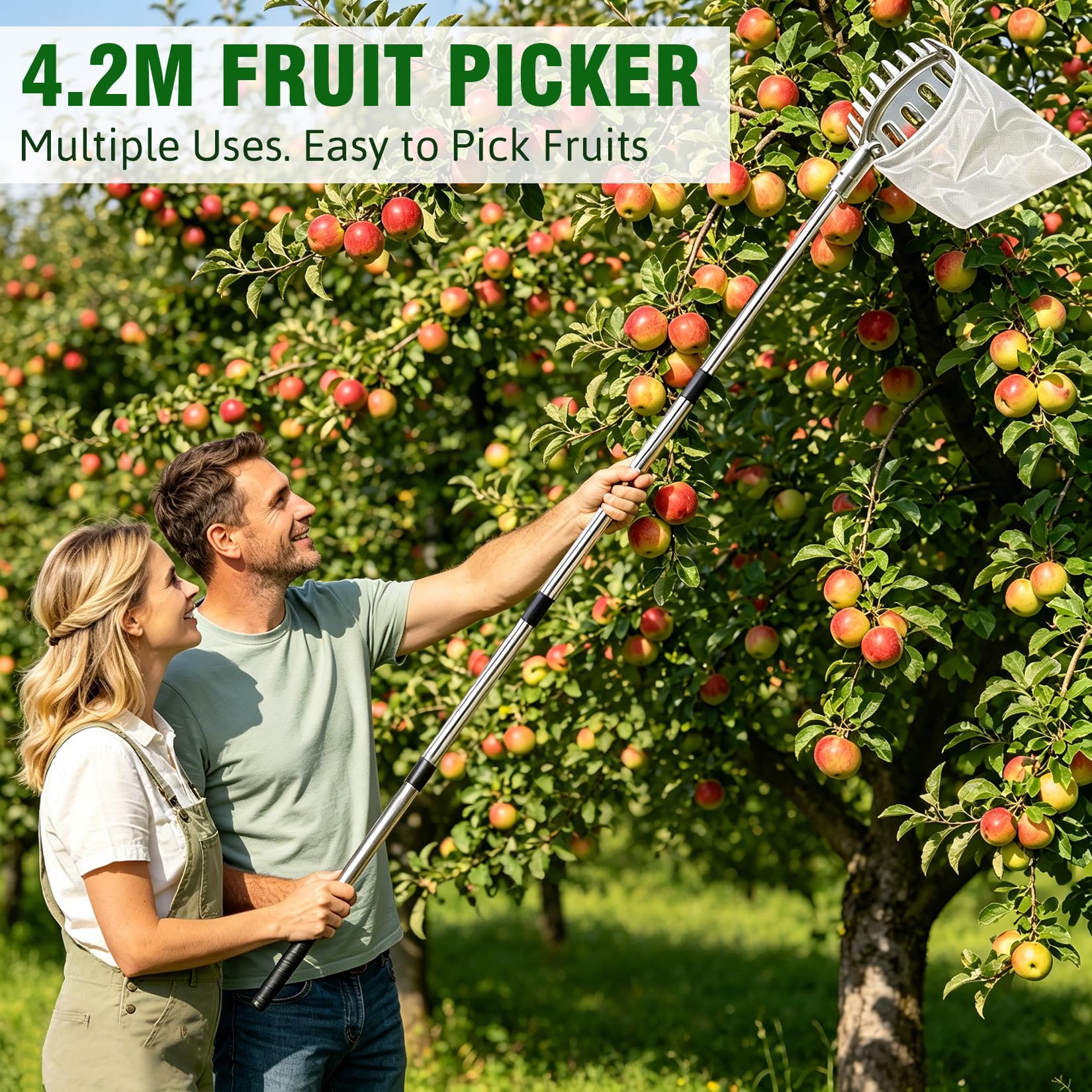 Obstpflücker 4.2M, Apfelpflücker mit Edelstahl Teleskopstiel und Stoff, Pflückhilfe Pflaumenpflücker Kirschenpflücker für Früchte außer Reichweite