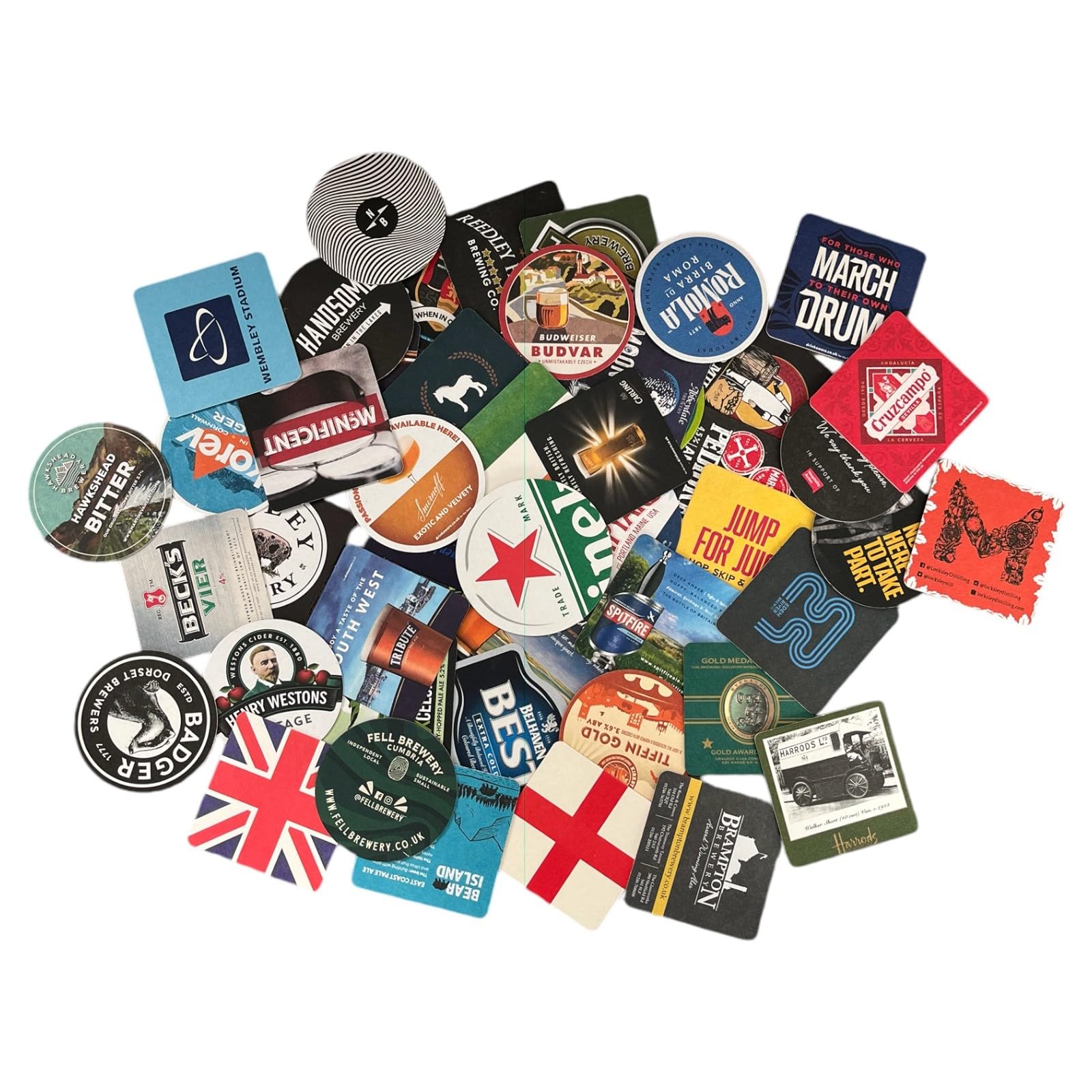Laurie's Pub And Bar Accessories Multicolor Beer Mat Collection, 50 Assorted British Pub Coasters, Bar Memorabilia