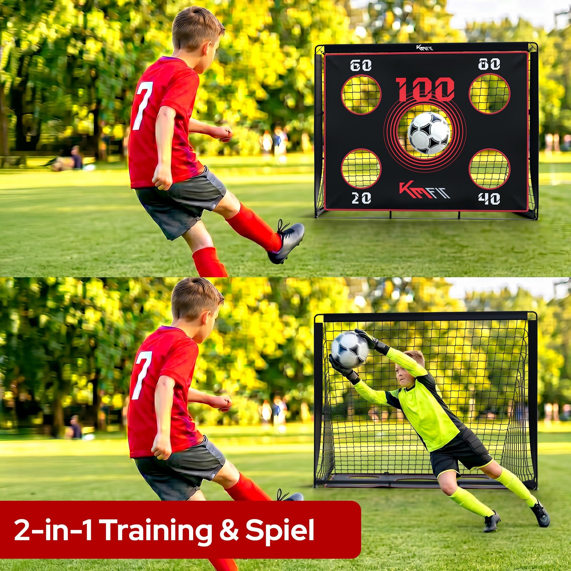 KM-Fit Fußballtor | Fußball Trainingsset für Kinder & Erwachsene | Trainingstor für Garten & Outdoor | Inkl. Bodenanker & Tragetasche