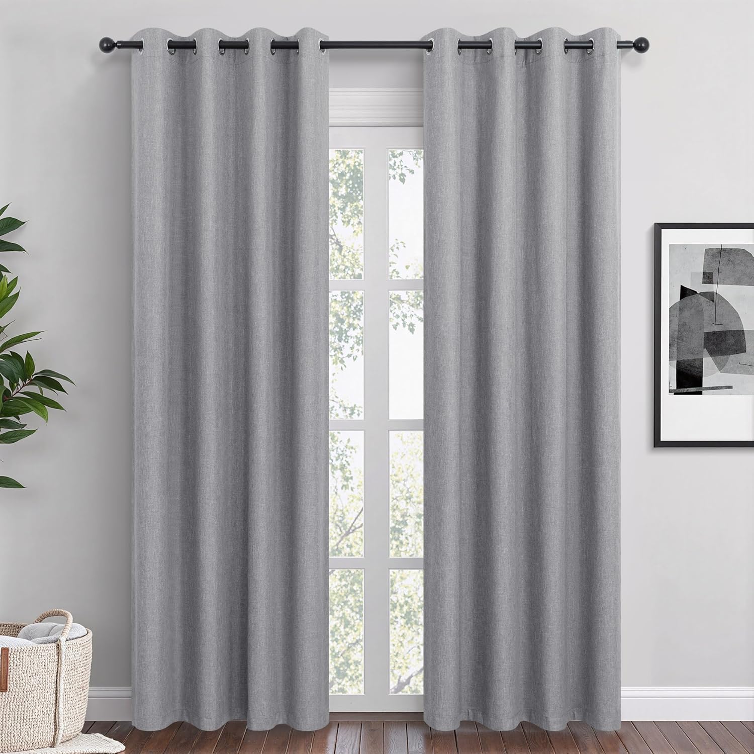 Cortinas opacas de lino gris de 84 pulgadas de largo, juego de 2 paneles para dormitorio, sala de estar, con ojales, cortinas de lino 100% negro,