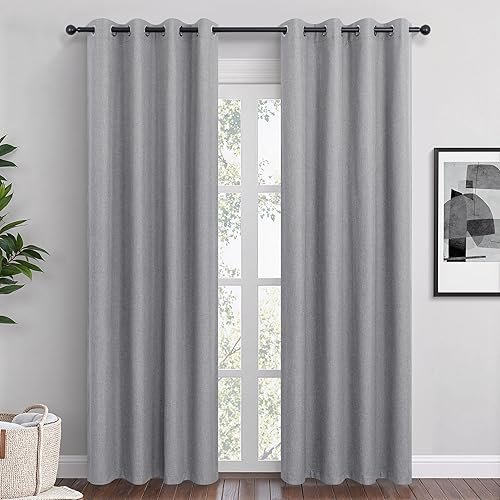 Cortinas opacas de lino gris de 84 pulgadas de largo, juego de 2 paneles para dormitorio, sala de estar, con ojales, cortinas de lino 100% negro,