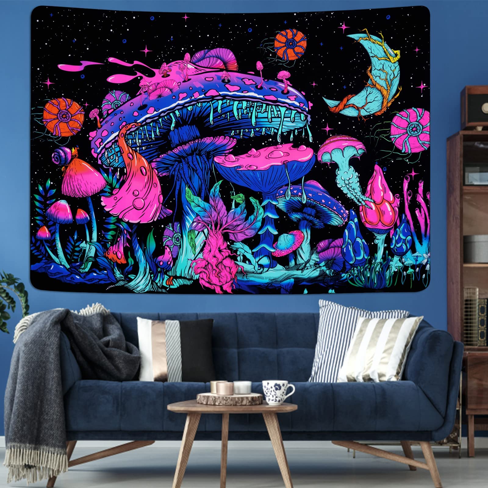 Yrendenge Gobelin z motywem grzyba, UV księżyc i gwiazdy, wiszące rośliny, gobeliny świecące w ciemności, gwiaździste nocne niebo, gobelin estetyczny, wiszący na ścianie do sypialni, 210 x 150 cm