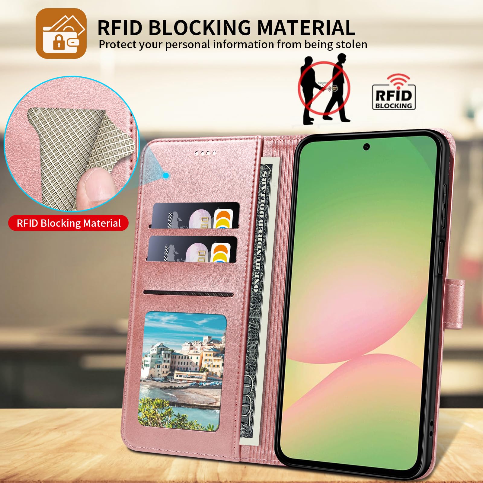 WAURZ Cover per Samsung Galaxy A56 5G Custodia Cover Pelle Libro con 2 Pellicola Vetro Temperato Protezione Schermo Portafoglio Porta Carte Antiurto Cuoio Flip Case Custodia Cover,Oro Rosa