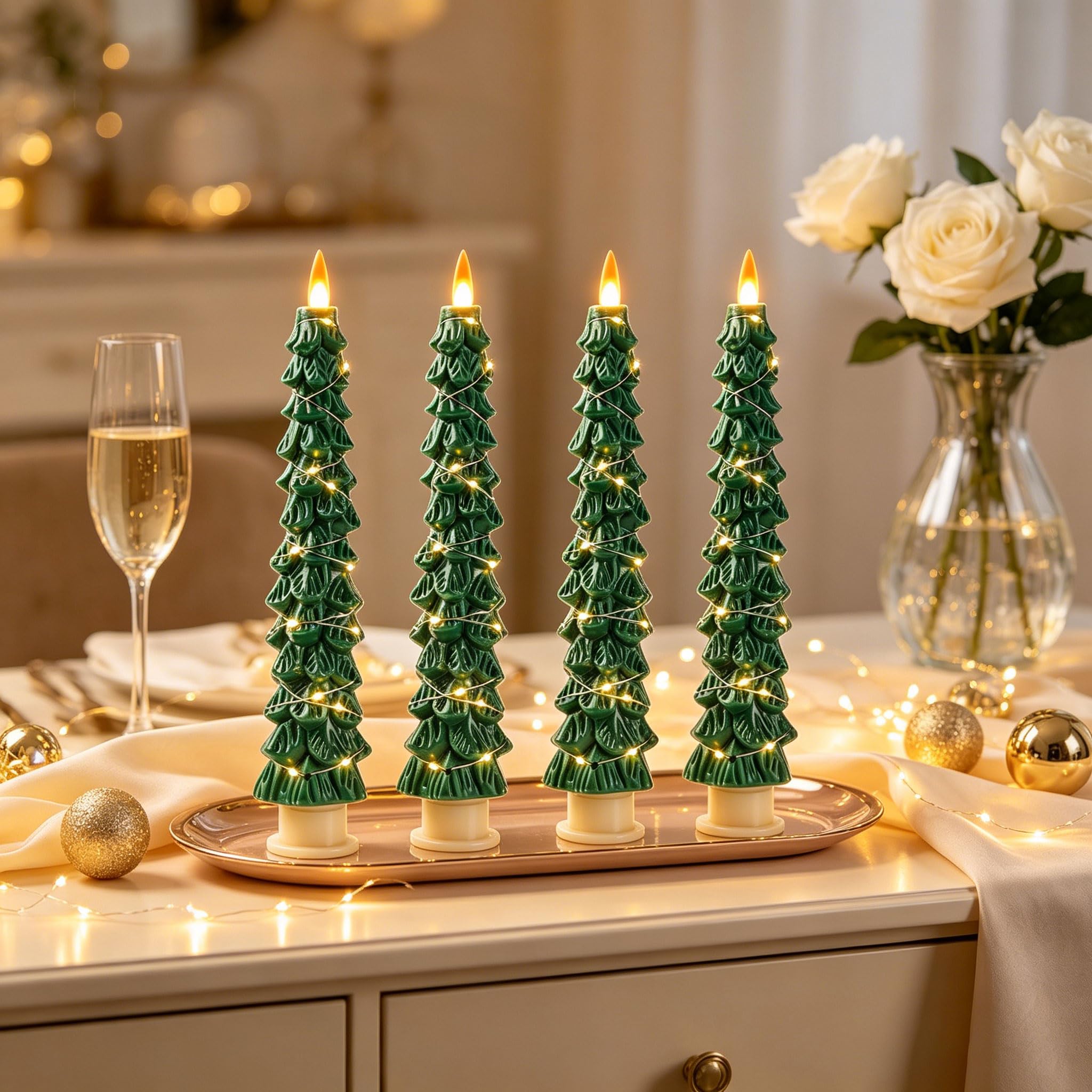 4 Candele LED a Forma di Albero di Natale Verdi, Candele Senza Fiamma con Catena di Rame, Effetto Fiamma Realistico Aggiornato, Funzionanti a Pile con Telecomando per Decorazioni Natalizie e Casa