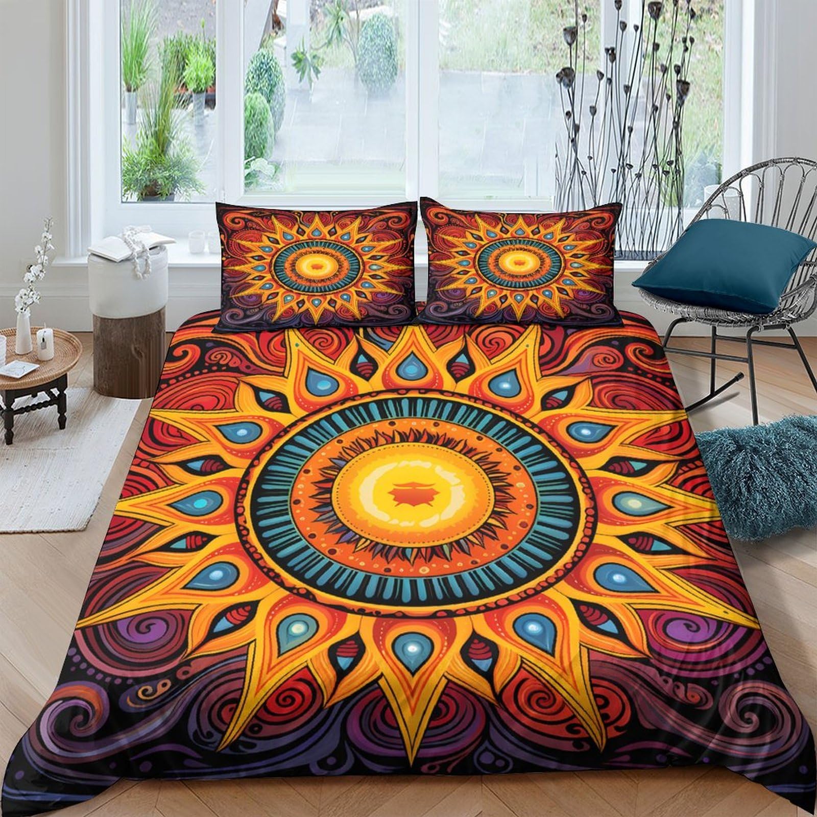 Ctjqhvkz Style-3 3D Printed Sun Mandala Fitted Sheet Microfiber Orange Yellow Boho Mattress Cover For Bedroom Guest Room Decor Single（135X200cm）
