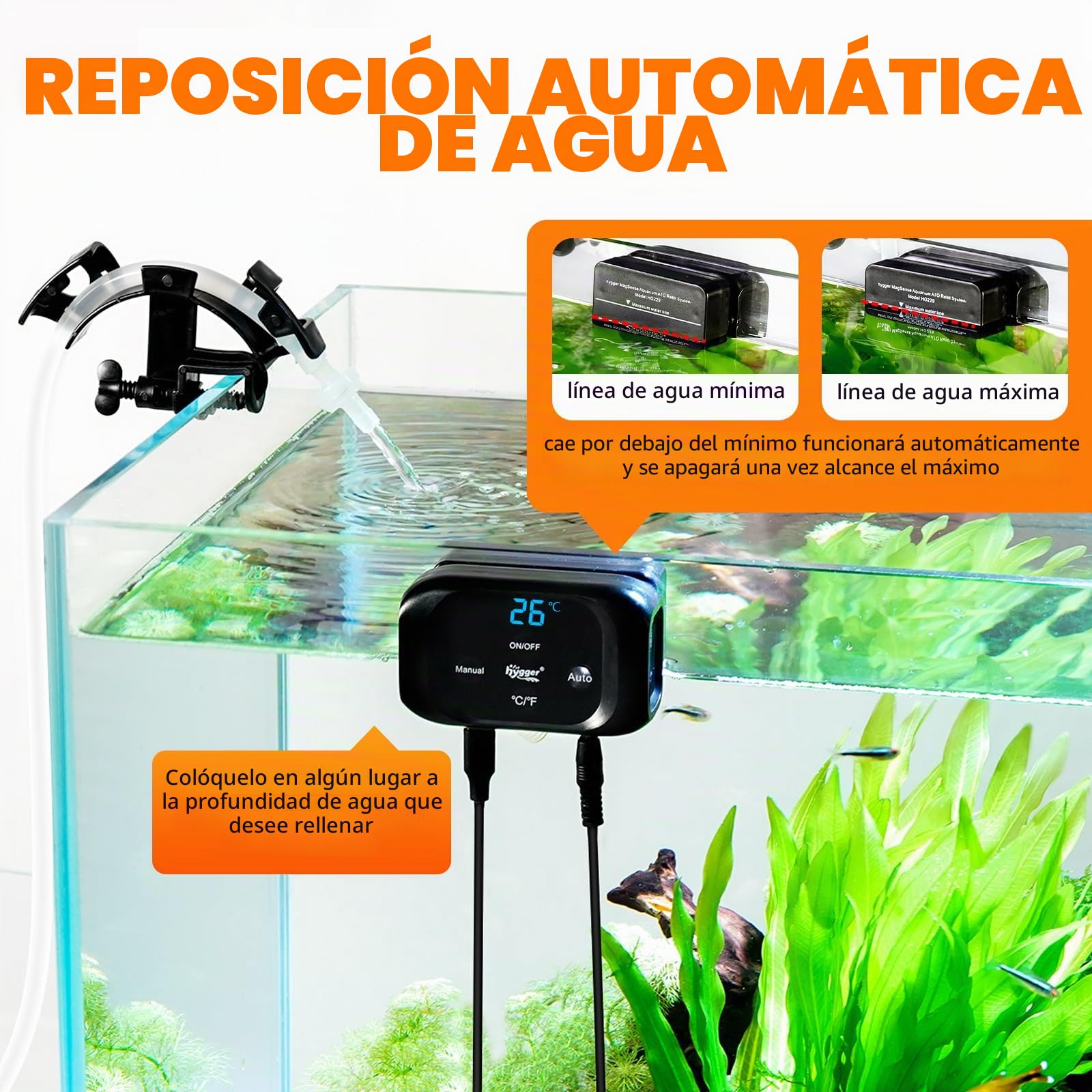 Hygger Sistema ATO Automático para Acuario, Sistema de Reabastecimiento de Agua para Peceras con Sumergible Bomba, Kit Controlador Sistema de Recarga Automática de Nivel de Agua para Acuario