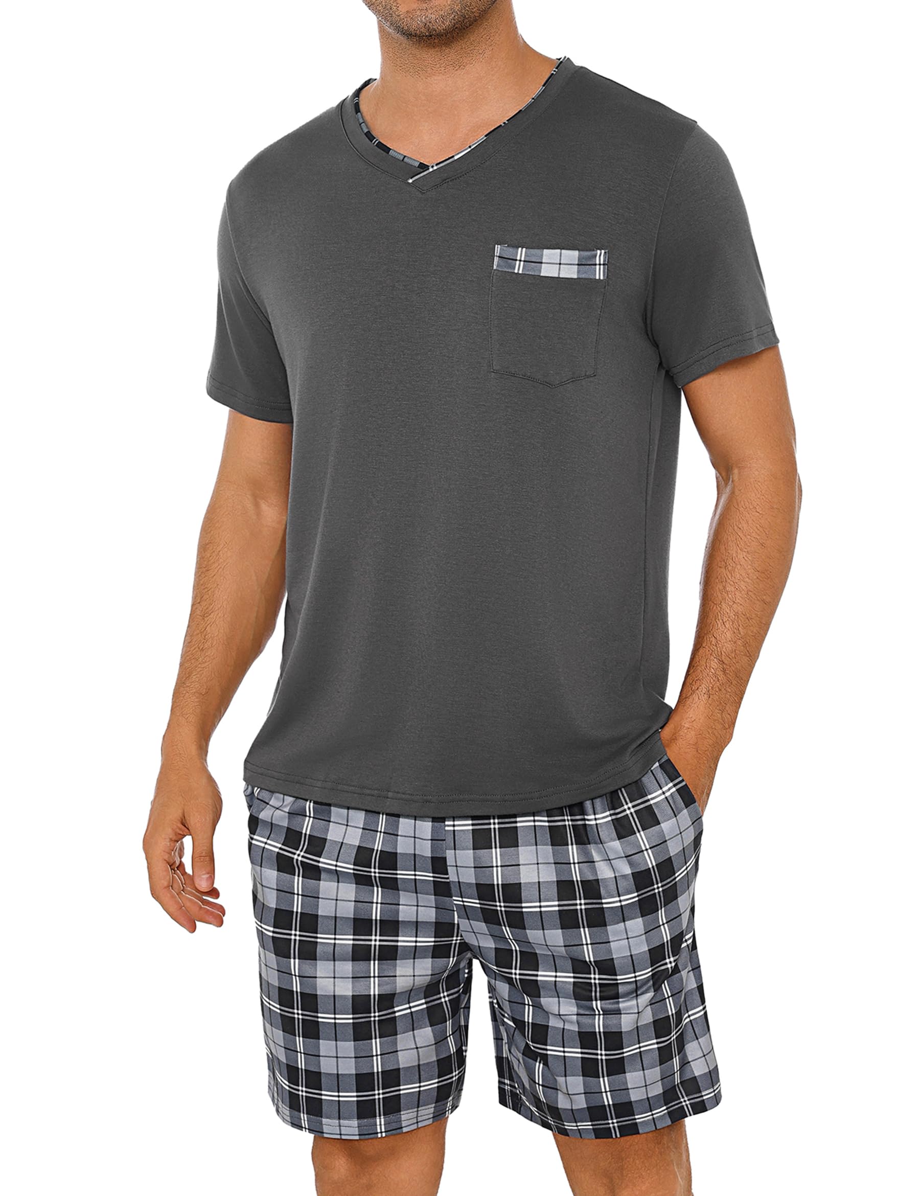 Leversic Zweiteiliger Schlafanzug Herren Kurz Baumwolle mit Karierter V-Ausschnitt, Shorty Pyjama Herren Set Sommer Nachtwäsche Pajamas for Männer