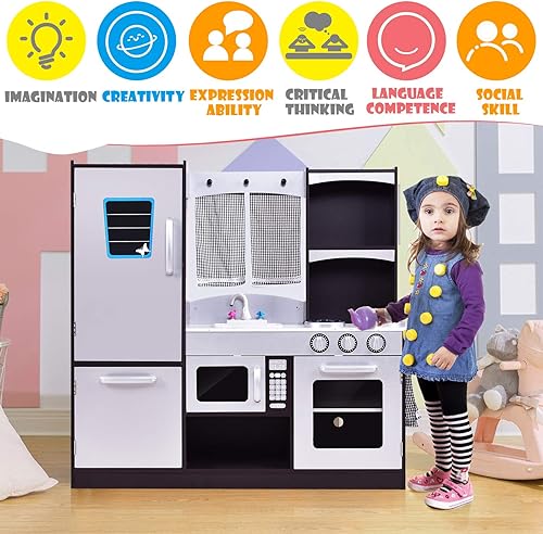 Miniatura 7 de ARLIME Juego de cocina para niños, cocina de juguete de madera con fregadero, estufa, microondas, refrigerador, armarios grandes, cocina de juego de
