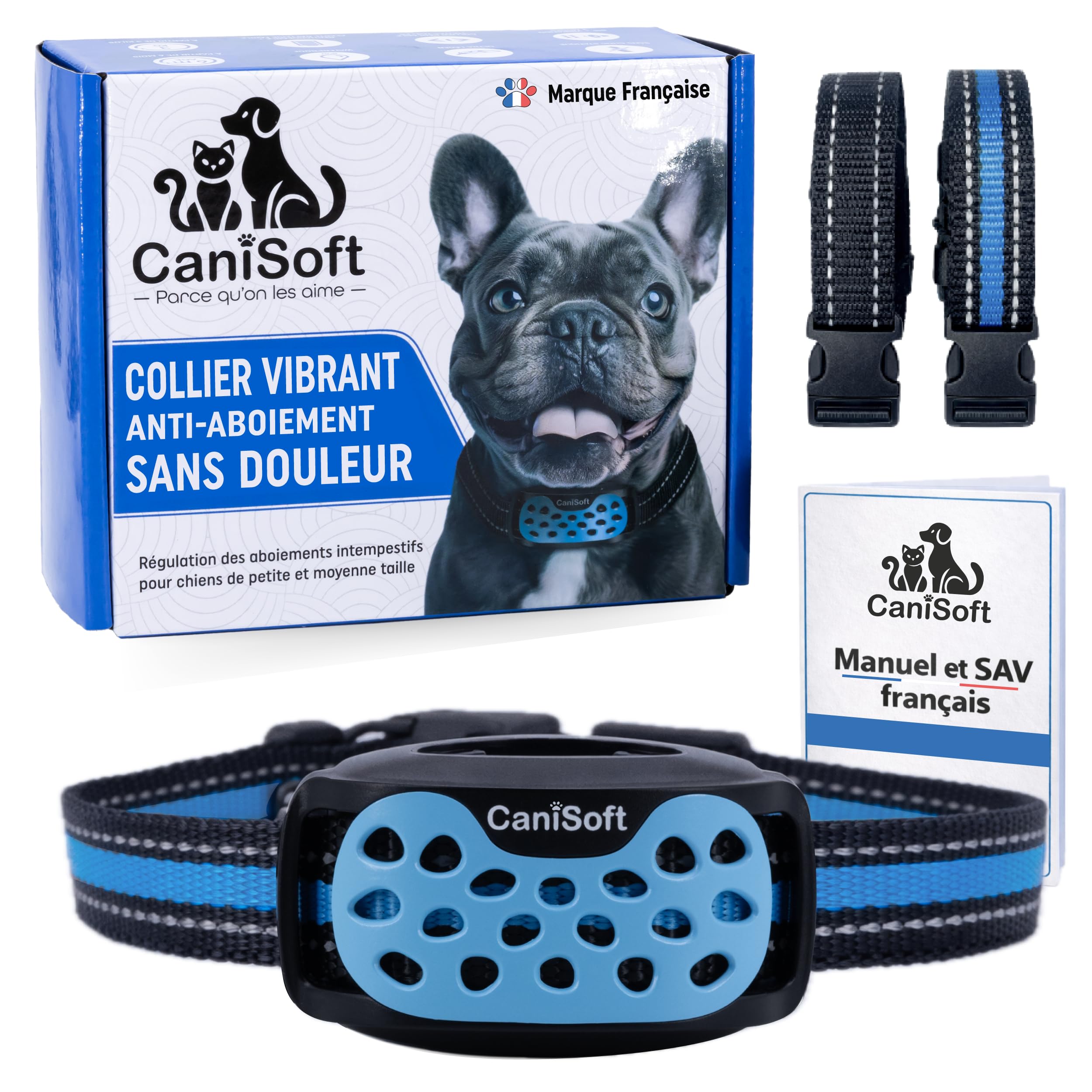 Collier Anti Aboiement Chien CANISOFT Rechargeable USB Étanche IP67 2 Modes 5 Sensibilités 2 Sangles Noire Bleue
