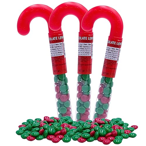 Pequeños dulces de chocolate recubiertos de caramelo en divertido embalaje de bastón de caramelo, golosinas navideñas para recuerdos de fiesta y