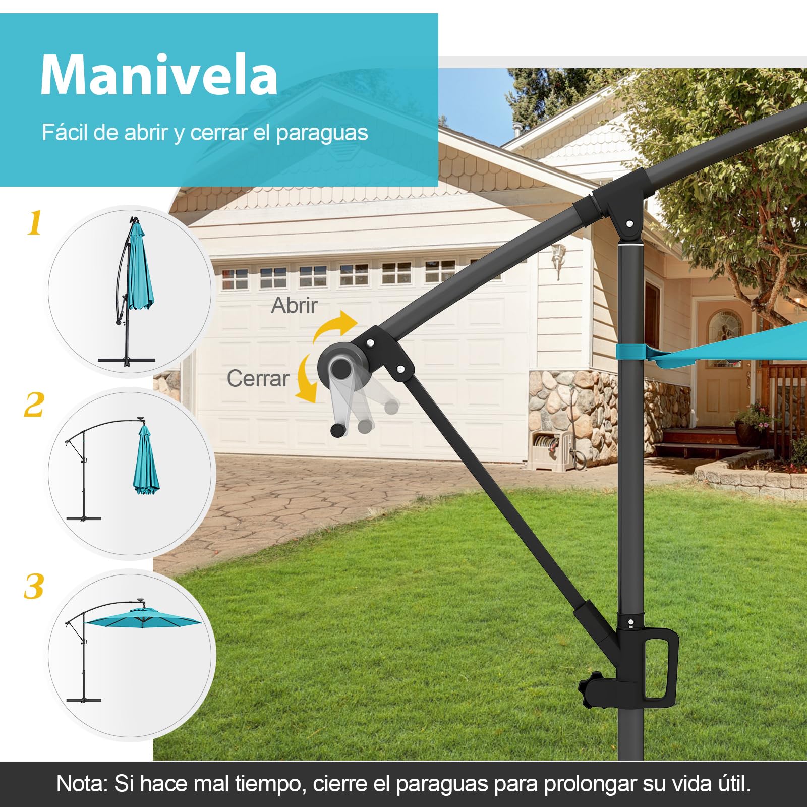 COSTWAY Sombrilla Terraza Exterior 3x3, Parasol Excentrico con 32 Luces LED Solar, Base Cruzada, Ajuste de Inclinación y Manivela, Rotación de 360°, Sombriila Jardin Terraza Balcón Patio