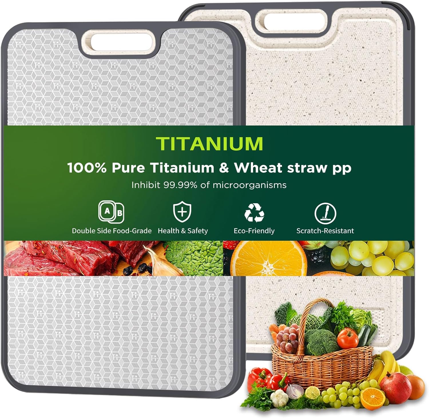 Titanium Cutting Board for kitchen, Dual Sided Food Grade Titanium & Wheat Straw PP, Non Slip Scratch Resistant Easy Clean, 15.5" x 10.5"（1PC）