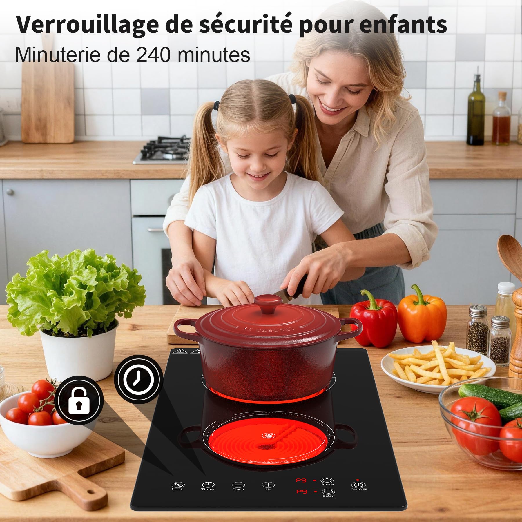 VBGK plaque de cuisson, 220V, 3000W, plaque vitrocéramique 2 feux avec commande tactile LED, 9 niveaux de puissance,Verrouillage enfant & Minuteur 4heures,plaque vitrocéramique 28.8 centimètre 2 feux