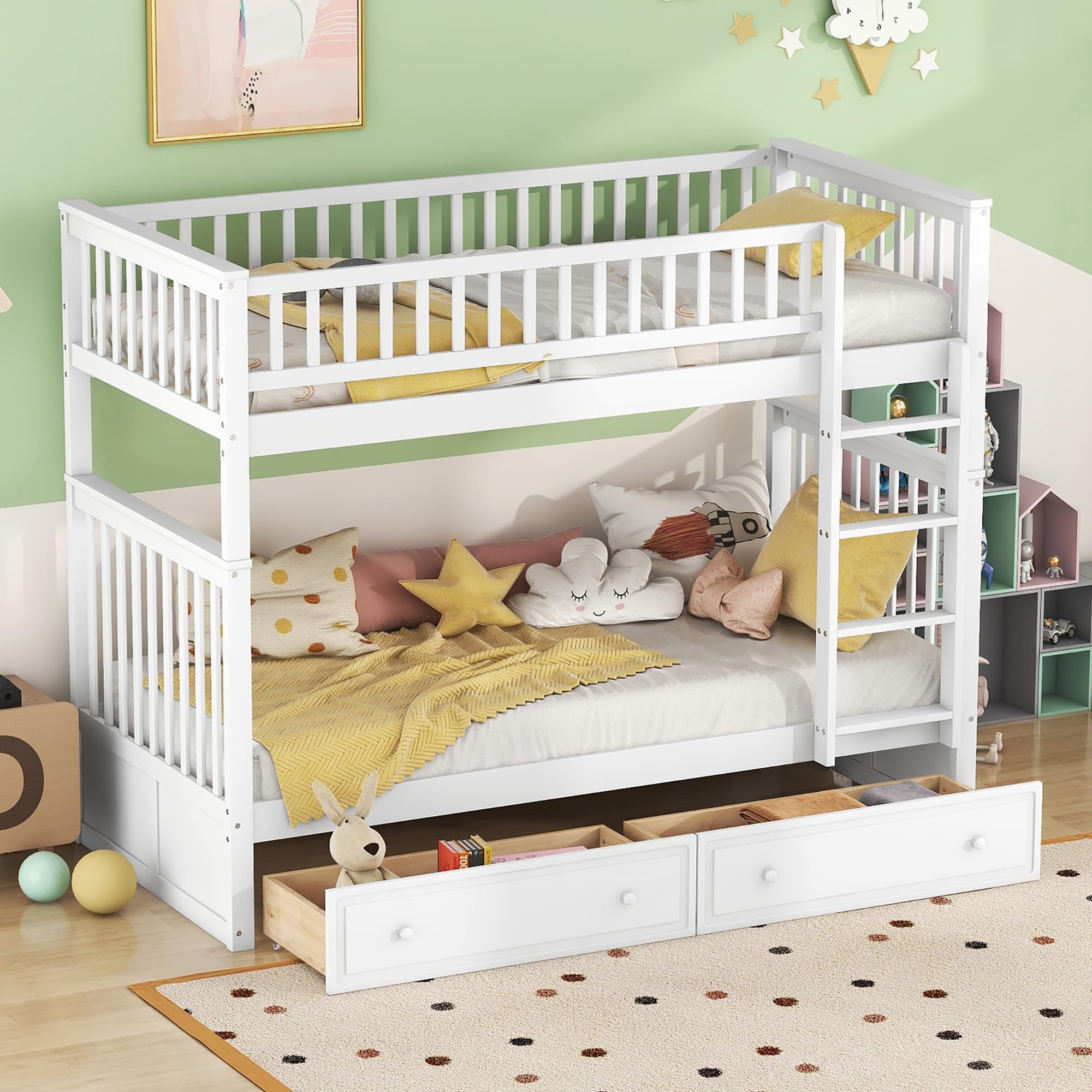 Kehun Kinderbett Etagenbett 90x200 für 2 Kinder, Hochbett Holzbett mit Stauraum Schubladen und rausfallschutz, Cabrio Funktionelle Bett mit lattenrost und Leiter, Jugendbett, Weiß, ohne Matratze