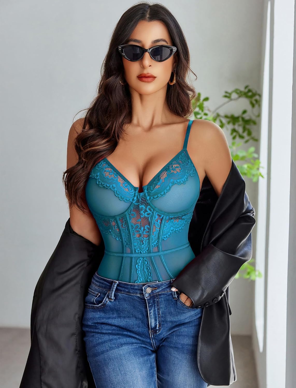 Avidlove Women Sexy Lingerie Sheer Lace Corset Bodysuit V Neck Teddy