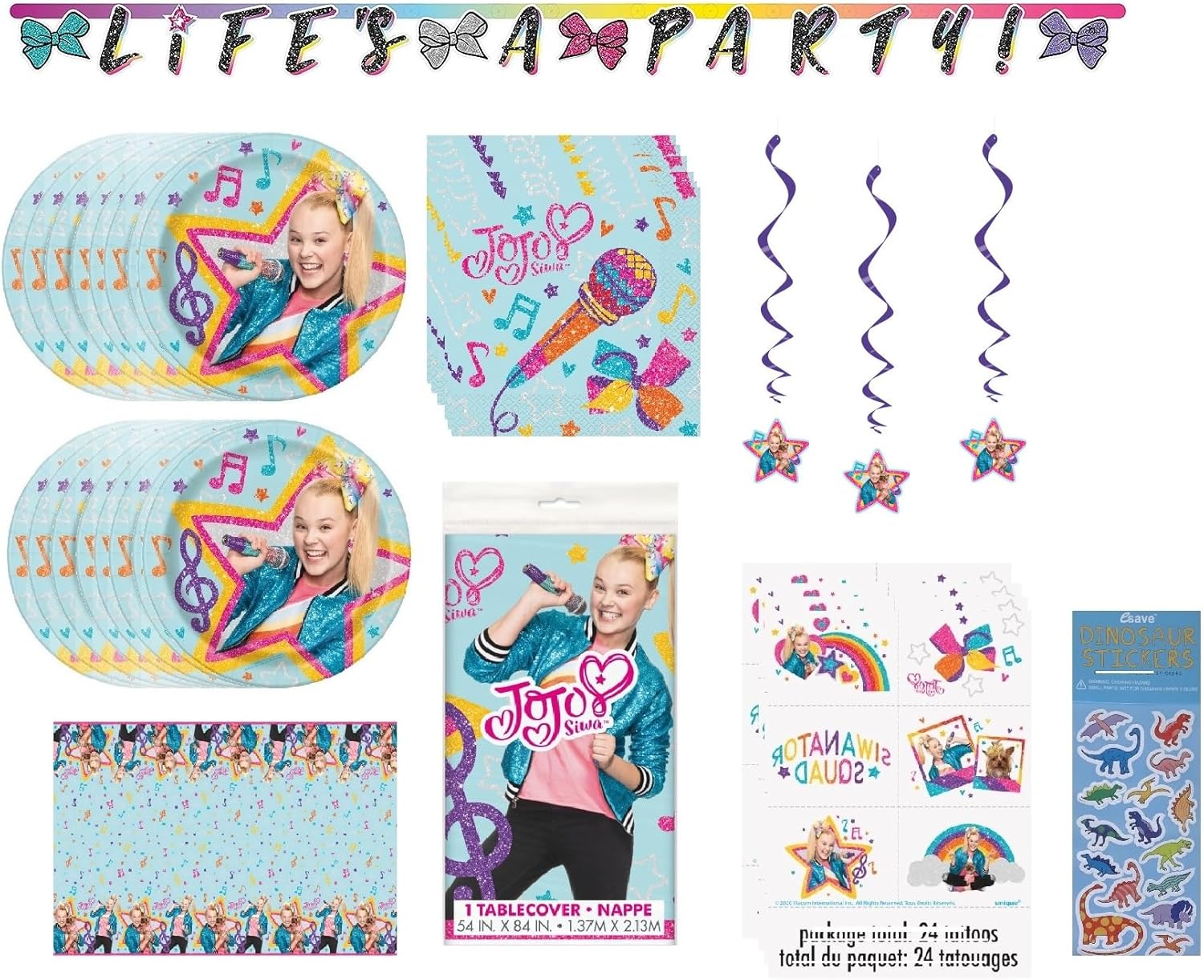 Jojo Siwa Birthday Party Supplies Decoration Bundle Pack includes 16 Lunch Plates, 16 Napkins, 1 Table Cover, 3 Hanging Swirl Decoration, 1 Party Banner, 24Tattoos, 1 Dinosaur Sticker Sheet