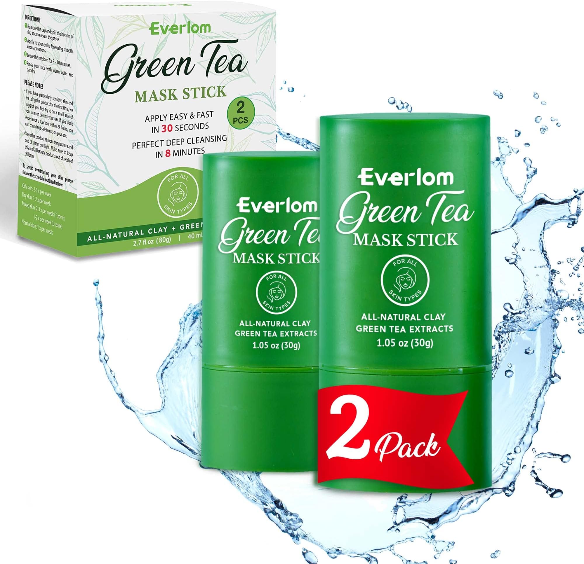 Everlom Green Tea Mask Stick, 2 Pack Purifying Clay, Oil Control Green Tea Face Mask, Facial Mask Stick, Deep Cleansing & Nourishing for All Skin Types