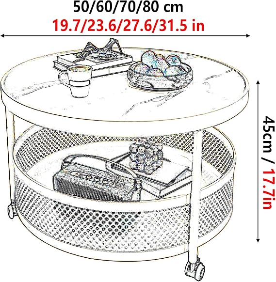 Small Round Coffee Table for Living Room Side Tables with Storage and 360 Swivel Wheels Mobile Trolley Center Table for Living Rooms, Small Apartments, Offices(White,70 * 70 * 45cm)