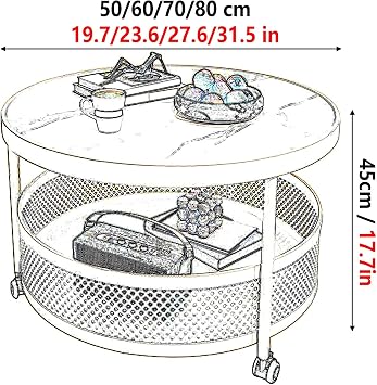 Small Round Coffee Table for Living Room Side Tables with Storage and 360 Swivel Wheels Mobile Trolley Center Table for Living Rooms, Small Apartments, Offices(White,70 * 70 * 45cm)
