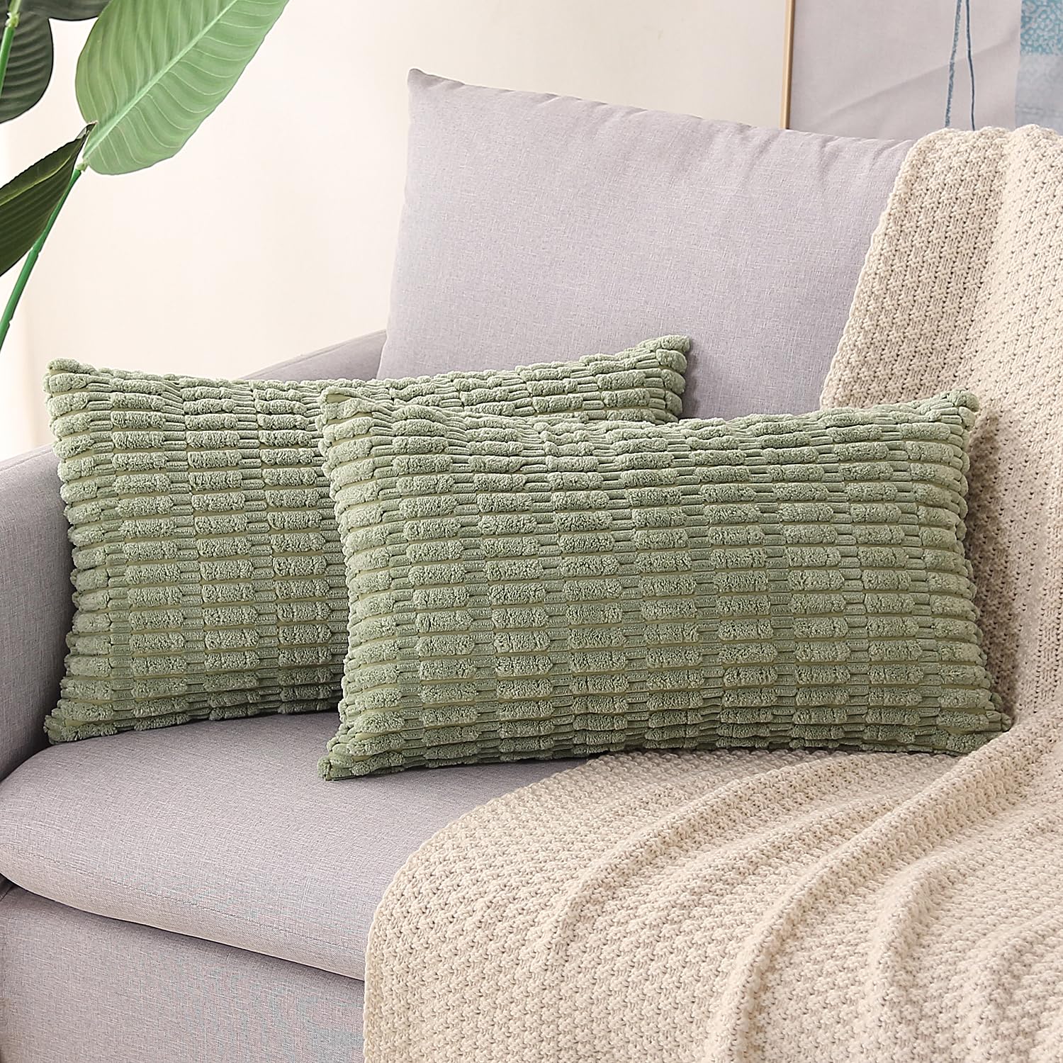 Gujiahone Corduroy Decorative Throw Pillow Covers 12x20 Inch Set of 2 Soft Boho Striped Lumbar Pillow Covers Modern Farmhouse Home Decor for Sofa