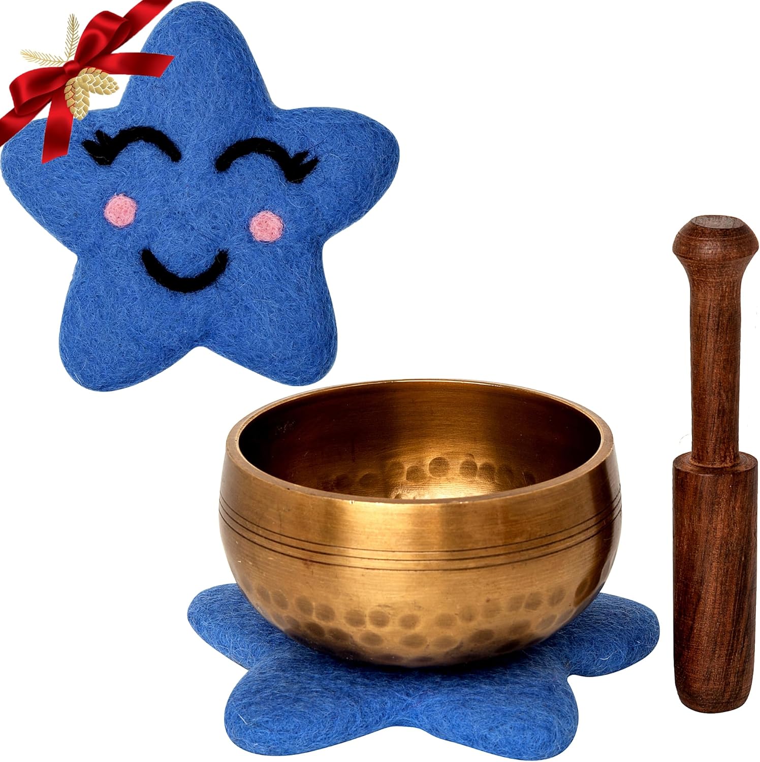Ohm Store Pure Bronze Tibetan Singing Bowl Set — Children's Musical Percussion Instrument for Meditation and Mindfulness Practices — Little Ohmies Skye Character Pillow and Bronze Sound Bowl