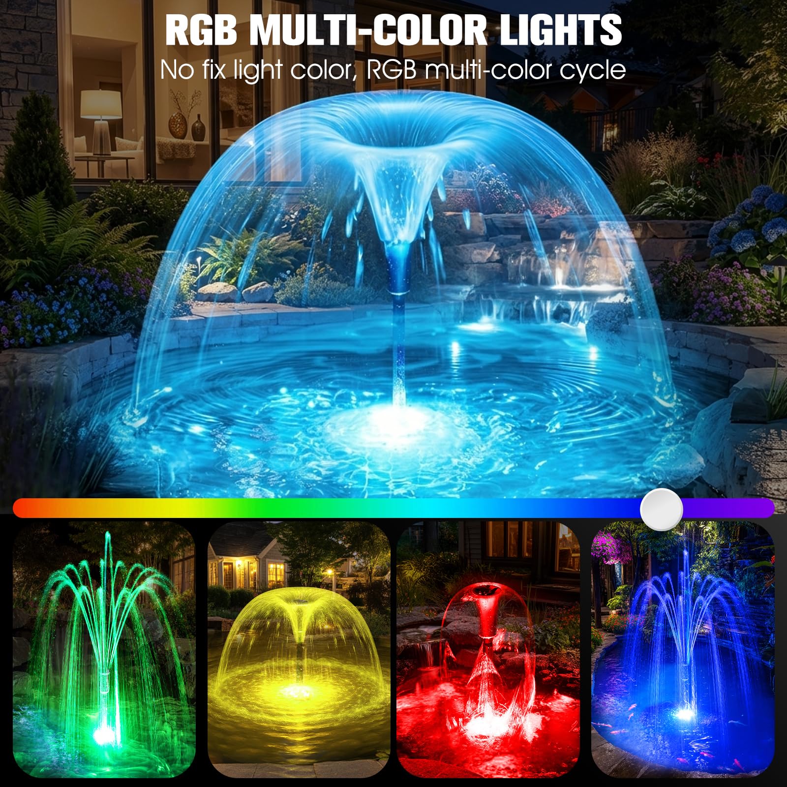 Luxfero Pompe pour Fontaine Extérieur avec Filtre, 3000 L/H, Lumières RGB, 3 Modes de Pulvérisation