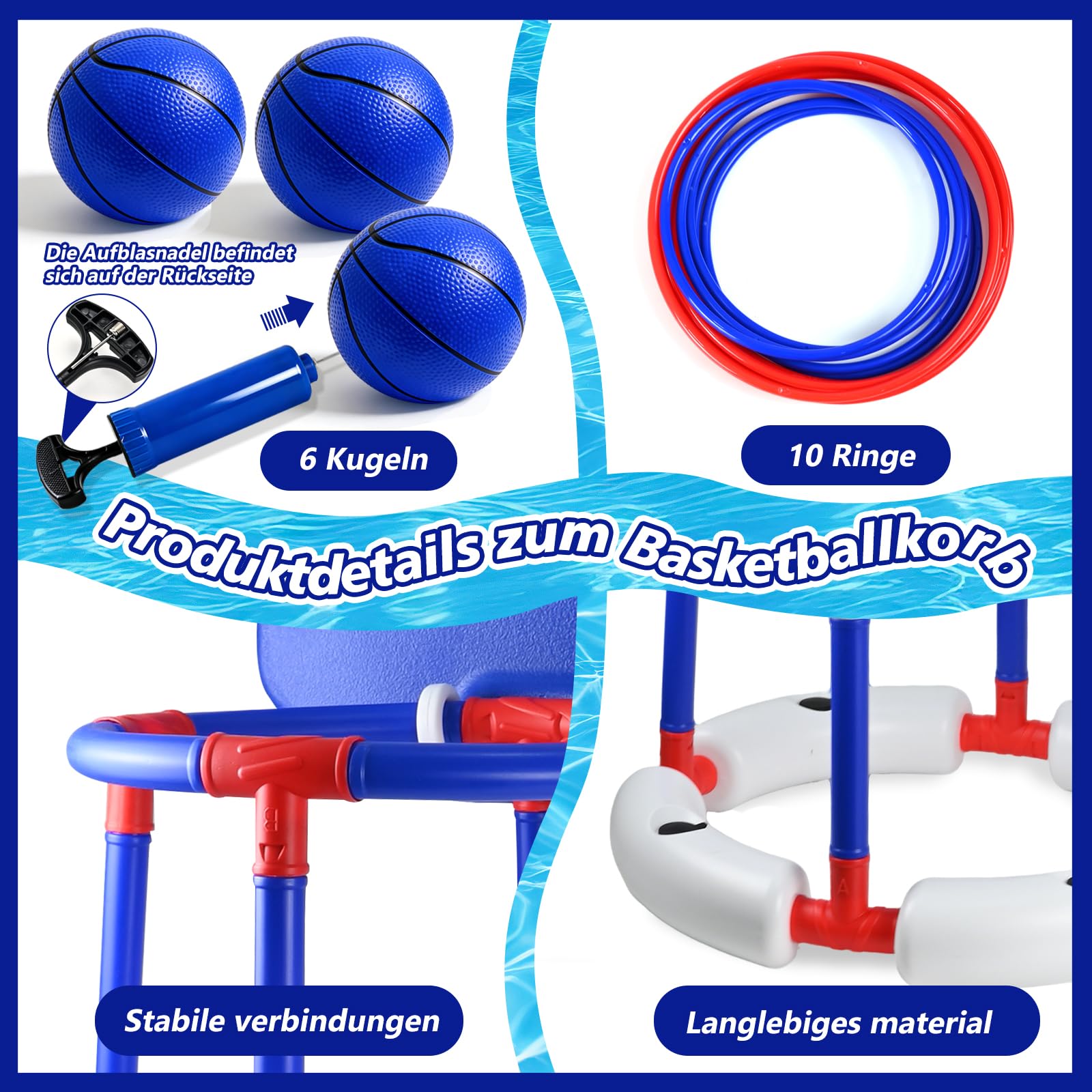 Joellfuner Canestro da Basket per Piscina, Canestro Piscina Galleggiante, Set da Canestro Basket Piscina, con 6 Palloni e Pompa, Gioco Acqua Cerchi da Lancio, Giochi Piscina per Bambini Adulti (Blu)