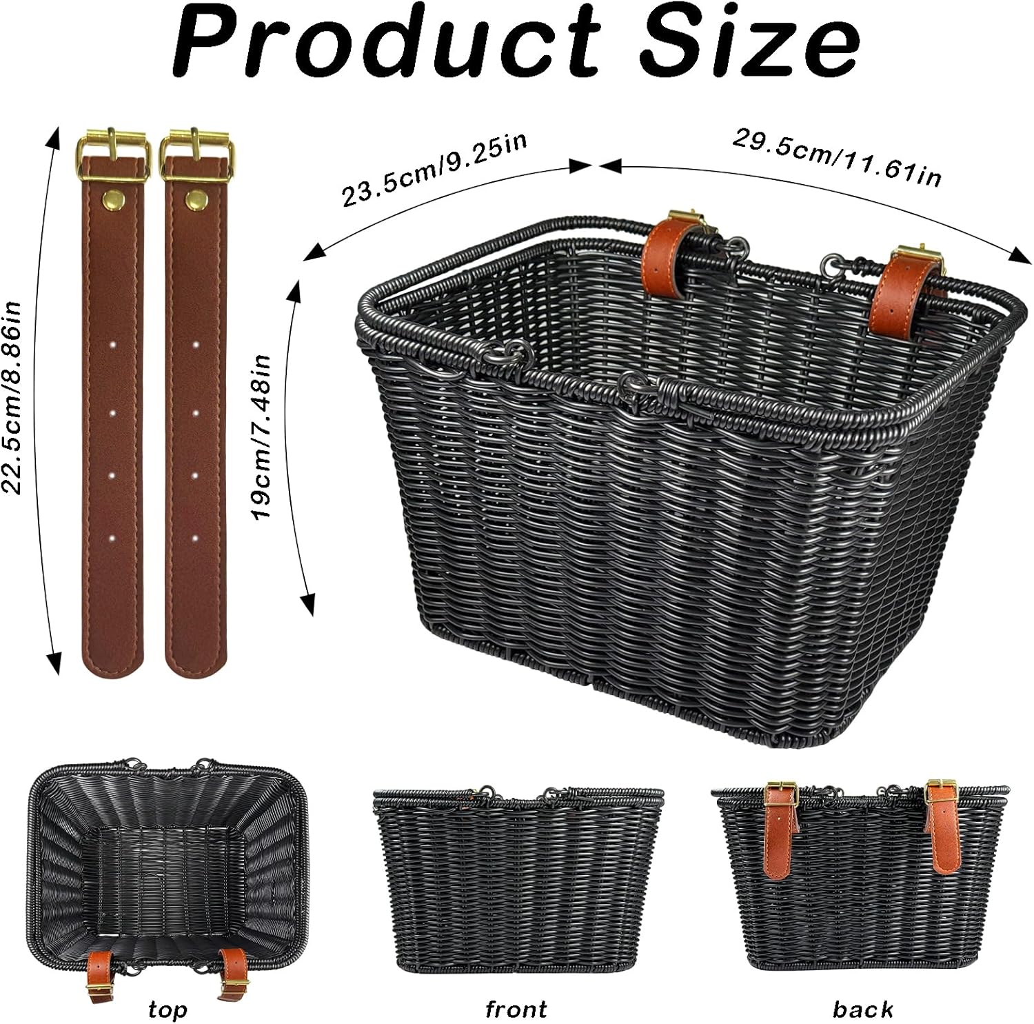 Bike Basket Front,Hand-Woven Bicycle Basket for Adult Bikes with Leather Straps, Easy Detachable,30 * 24 * 19cm