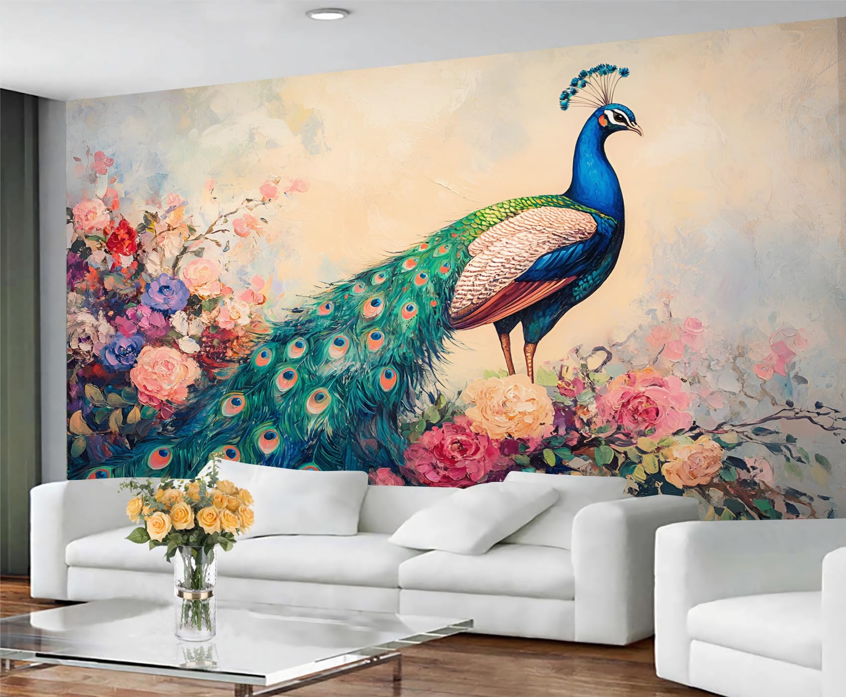 GIVLWF Floral Peacock Wallpaper, Peacock Feather Bedroom Wallpaper, Chic Animal Wall Paper for Living Room, Not Self Adhesive Chic Bird Wall Mural, Oriental Large Mural & Room Decor
