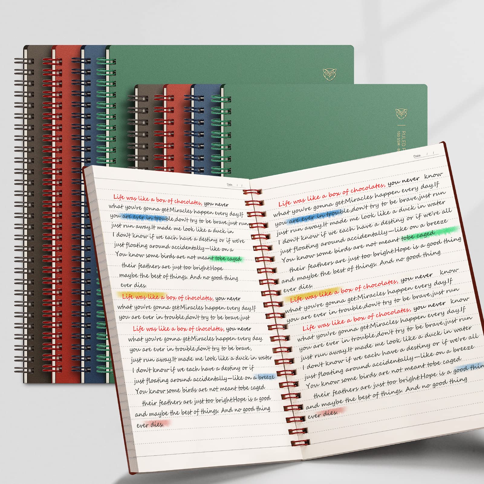 EMSHOI Lot de 3 cahiers à spirale lignés - 480 pages - B5 - Avec notes adhésives - Couverture rigide en PVC - Papier épais de 100 g/m² - 19 x 25,8 cm - Café, bleu et rouge