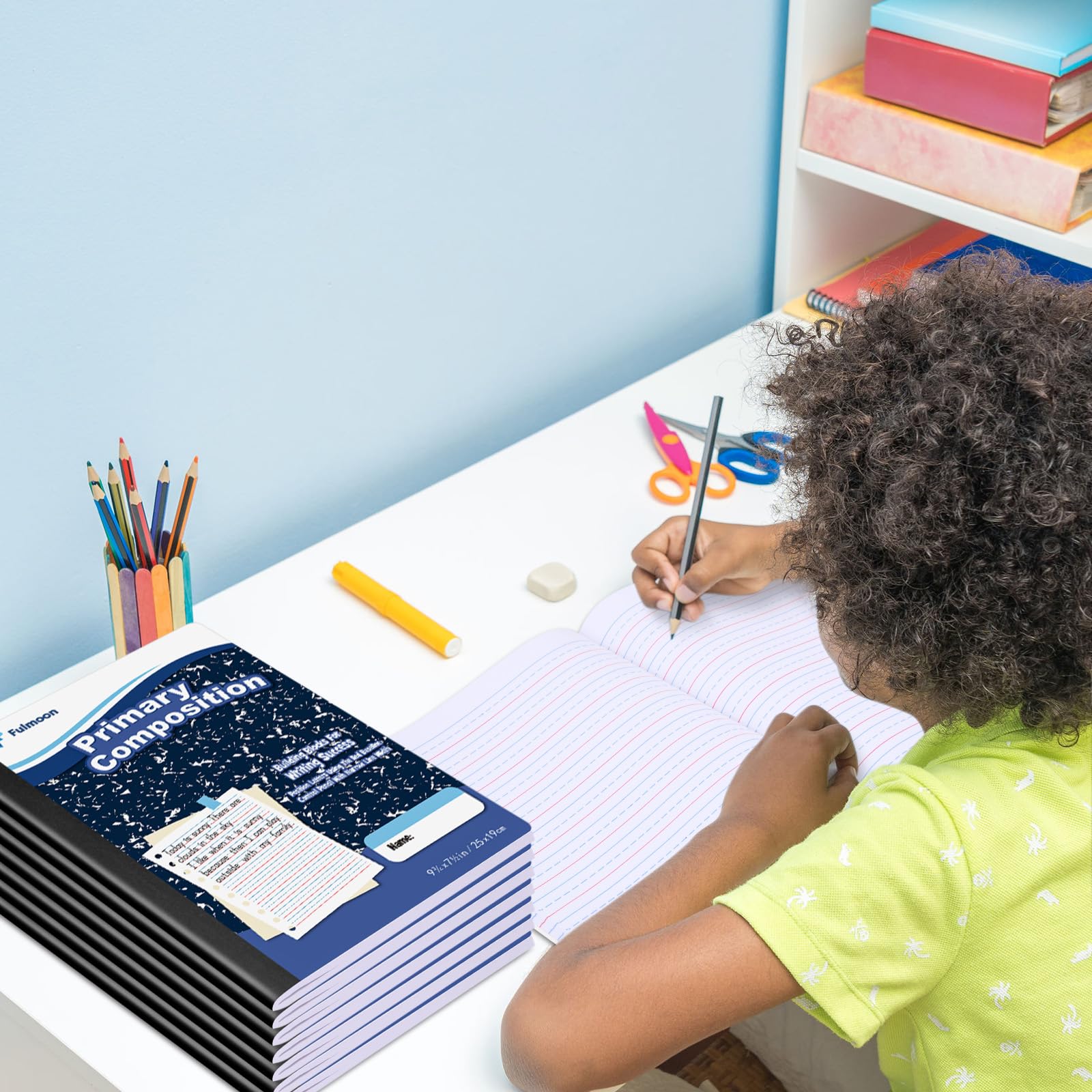 Fulmoon 24 quaderni per composizione primaria, 24 x 19,5 cm, 80 pagine, K-2, a righe, per scrittura primaria, libro di composizione per bambini, asilo, scuola materna, 1° 2° grado (colore blu)