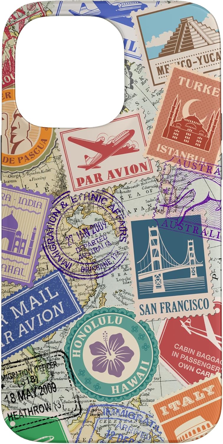 World Map Travel Passport Stamps Postage Stamp Case for iPhone 14 Pro Max