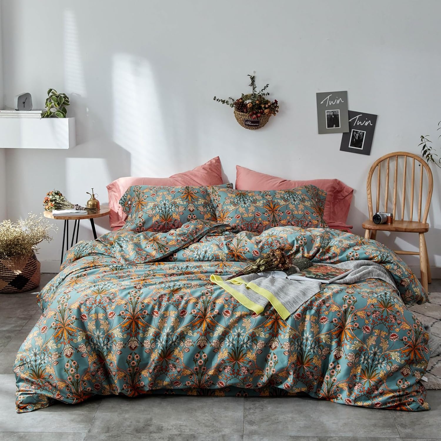 VM VOUGEMARKET Green Flower Duvet Cover Set Twin,Aesthetic Boho Bedding Set Percale Cotton Royal Floral Comforter Cover with Zipper Closure Twin(68" x 86") #Carol