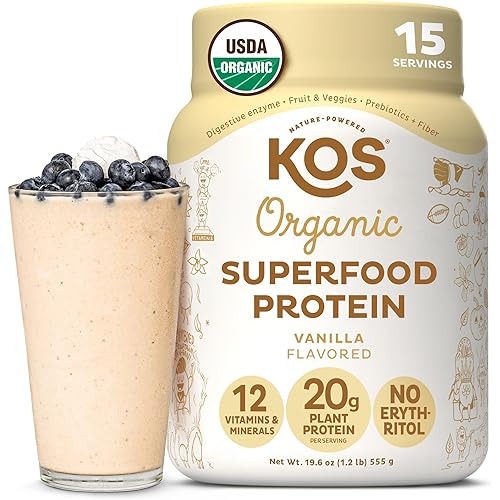 KOS Vegan Protein Powder Erythritol Free, Vanilla - USDA Organic Pea Protein Blend, Plant Based Superfood Rich in Vitamins & Minerals - Keto, Dairy Free - Meal Replacement for Women & Men, 15 Servings