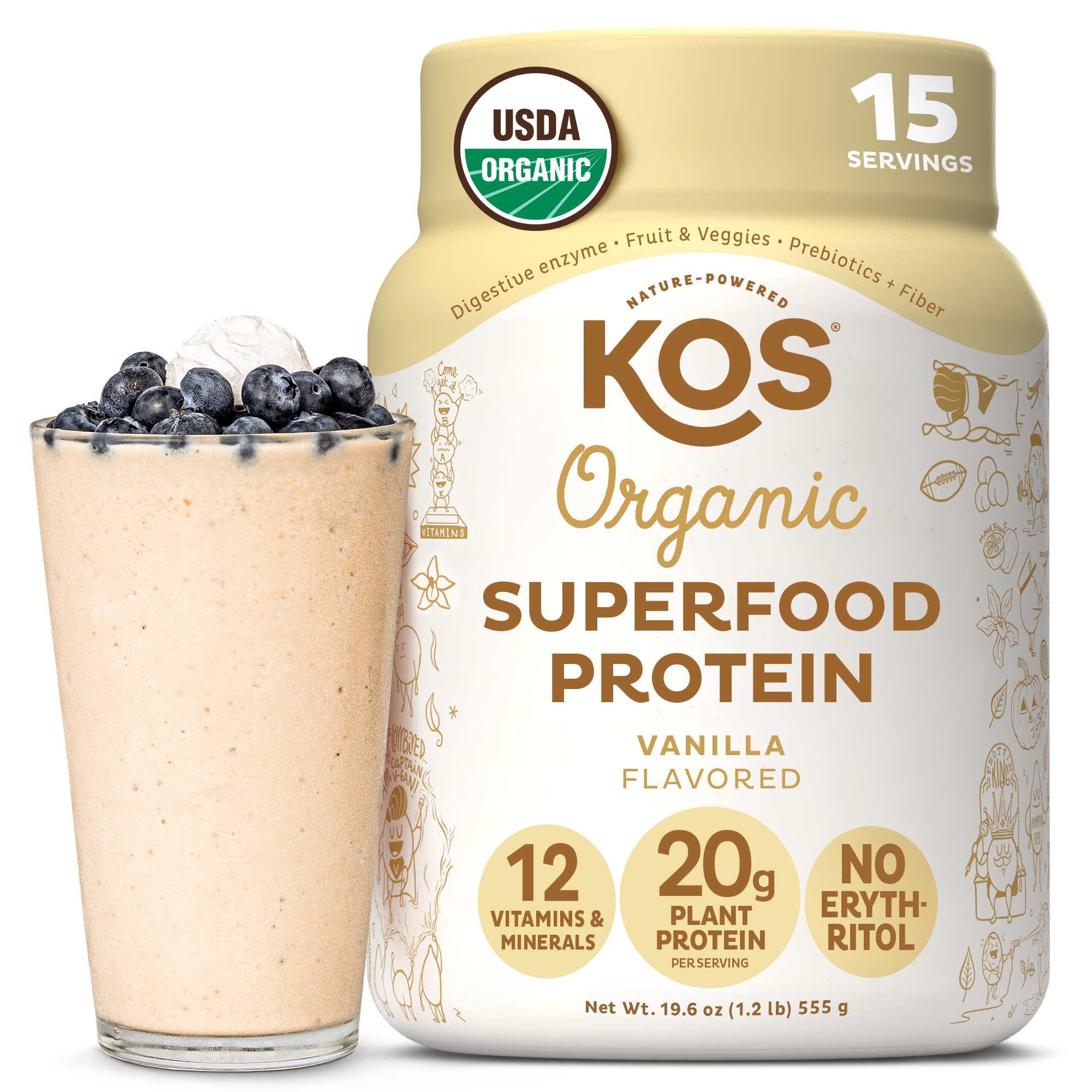 KOS Vegan Protein Powder Erythritol Free, Vanilla - USDA Organic Pea Protein Blend, Plant Based Superfood Rich in Vitamins & Minerals - Keto, Dairy Free - Meal Replacement for Women & Men, 15 ServingsKOS Vegan Protein Powder Erythritol Free, Vanilla - U…