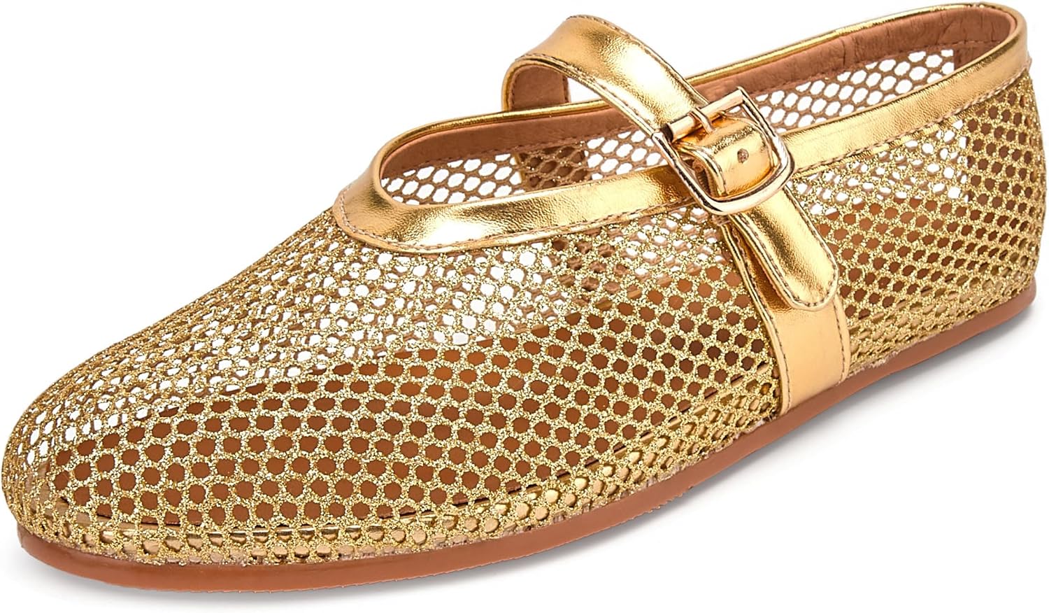 Arqa Women's Rhinestone Ballet Flats Sparkly Crystals Ballerina Shoes Buckled Straps Mesh Mary Jane Flat Casual Low Heels 5 Gold-mesh