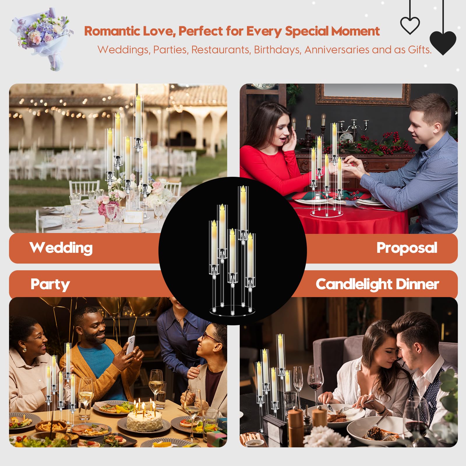 Set di 2 Candelabri con Candele LED, Portacandele 5 Bracci Alti 58 cm, Centrotavola in Acrilico Trasparente per Decorazione Matrimonio Natale, con Base e Paralume
