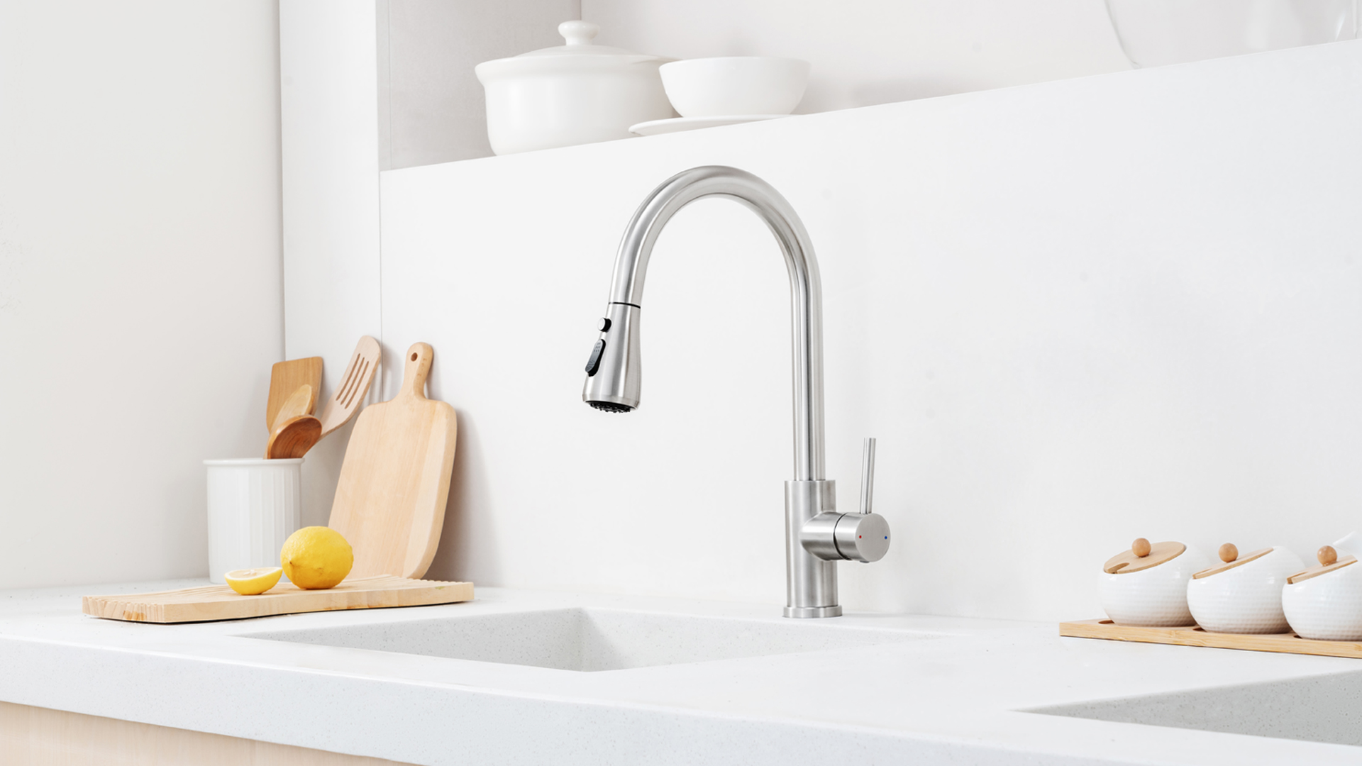 Wandmontierter Küchenwasserhahn Mit Ausziehbarem Sprühkopf – 3 Funktionen, Gebürstetes Chrom