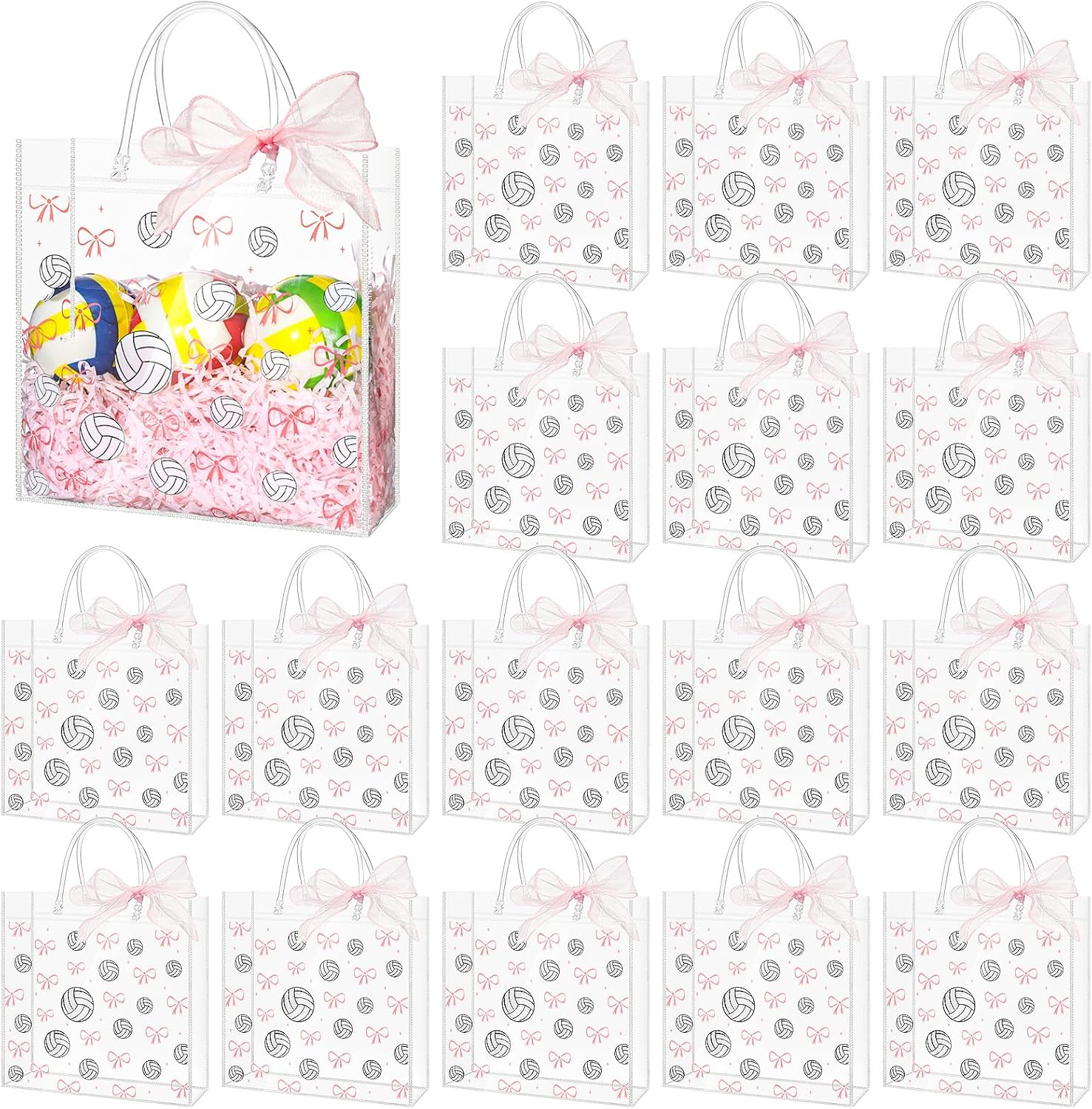 Sweetude 24 Pcs Game Day Softball Clear Treat Bags with Handles Bulk Game Day Softball Goodie Bags Sport Theme Party Gift Favor with Bow Ribbon for Girl Youth Team Snack Birthday Gifts 7.9 x 7.9 Inch