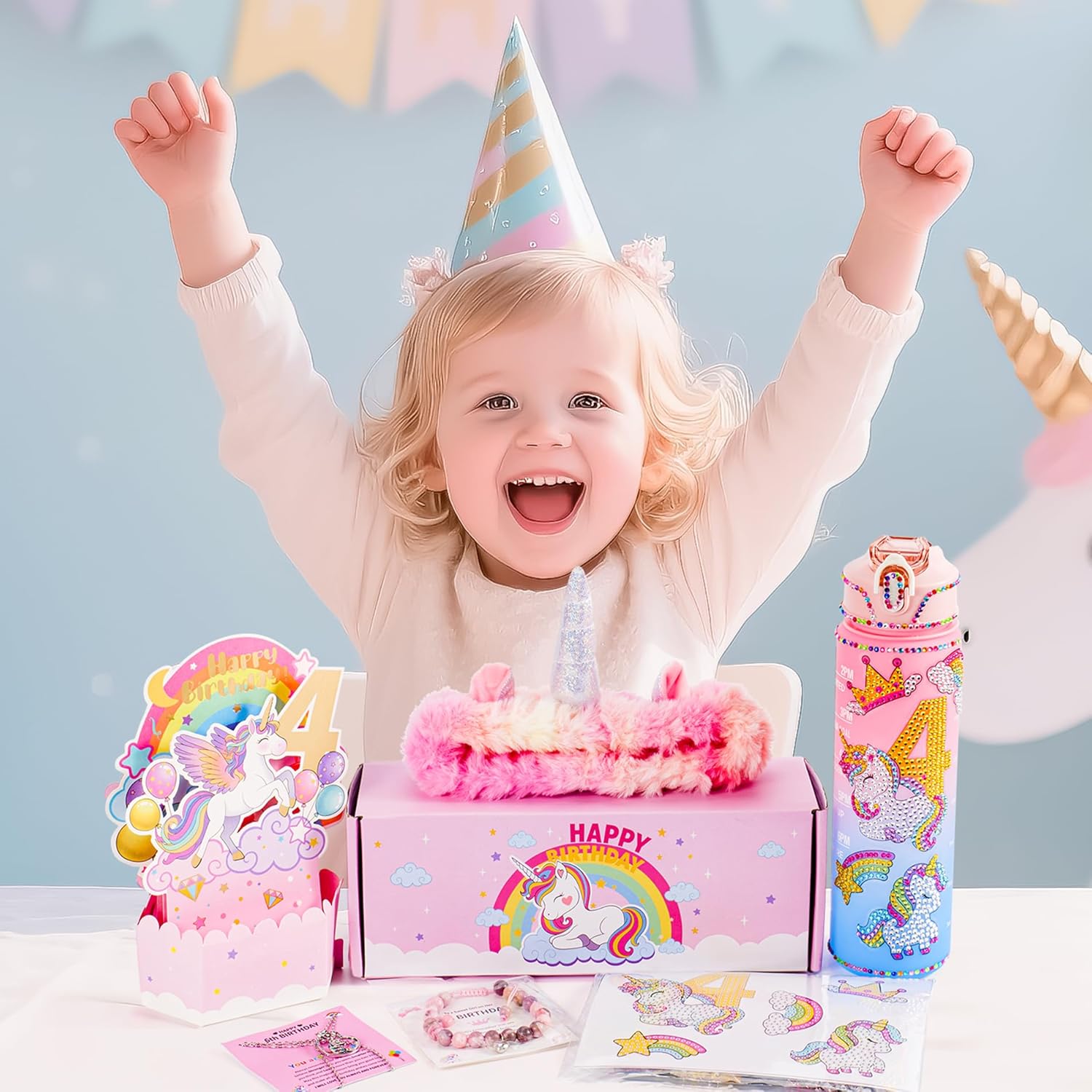 Unicorn Gifts for Girls, Christmas Birthday Gifts for Girls Age 4 Years Old Girl Birthday Gift Unicorn 3D Pop-Up Card for 4-Year-Old Girl and DIY Water Bottle Kits, Unicorn Toys for Daughter, Niece
