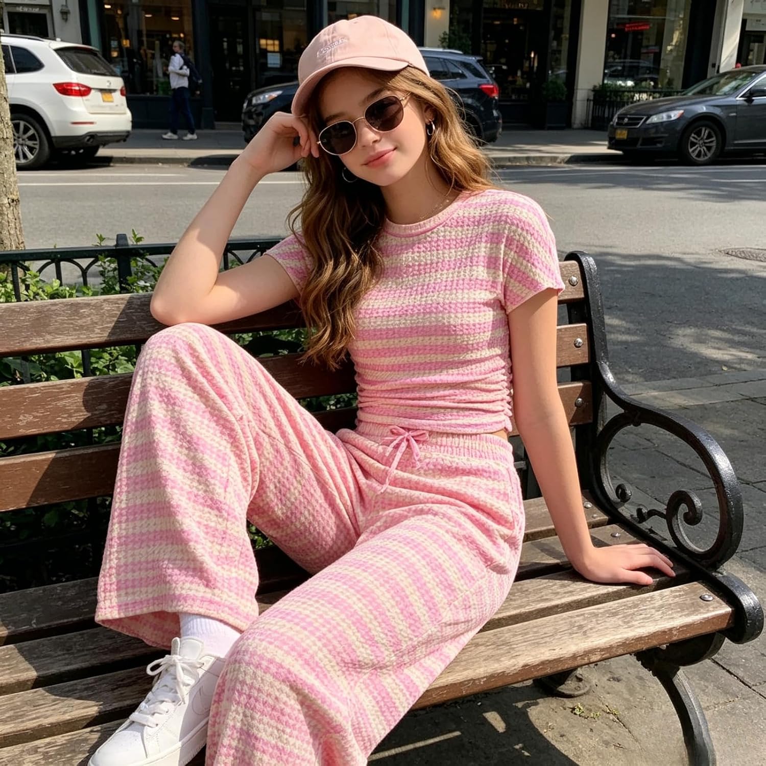 Girls 2-Piece Outfits Short Sleeve Striped Top & Wide Leg Pants Girls Fashion Casual Clothing Set Size 7-16 Years image 4