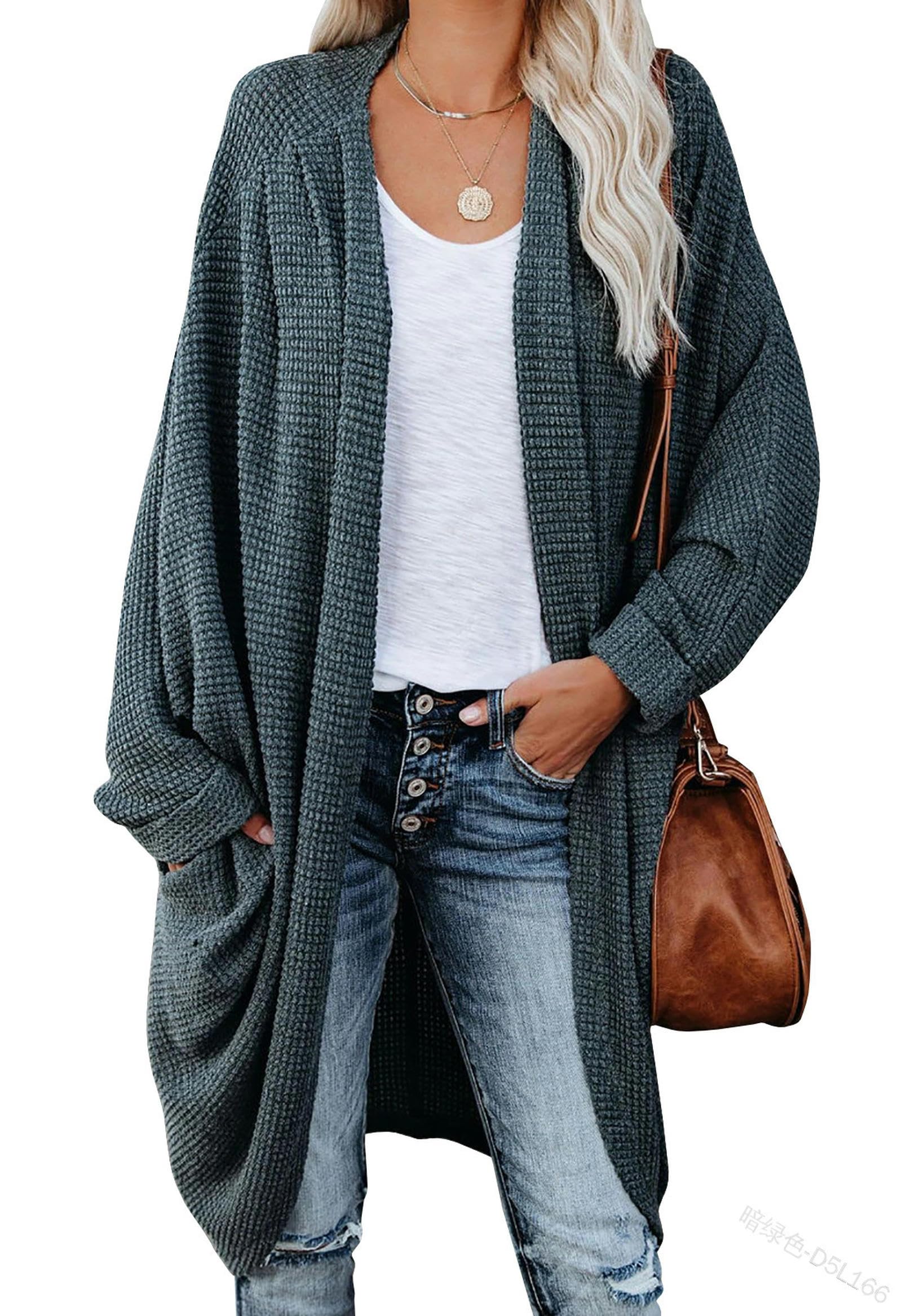 Cardigan in Maglia con Tasche, alla Moda, Allentato e con Risvolto - Verde Scuro - S
