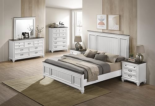 Miniatura 2 de Roundhill Furniture Clelane - Juego de dormitorio de madera con cama de panel Shiplap, aparador, espejo, dos mesitas de noche y pecho, Queen, blanco