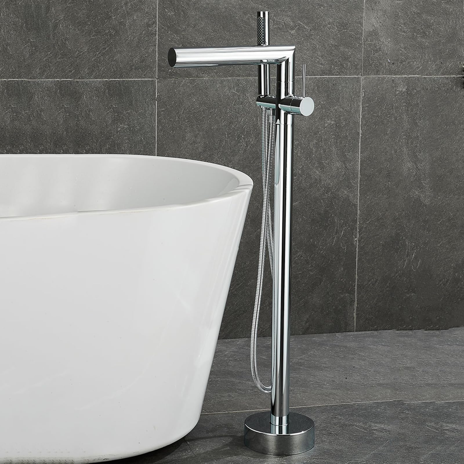 HADECOLL Floorstanding Bath Tap Waterfall Single Handle Hot And Cold Brass Freestanding Bath Shower Mixer Tap, Brushed Gold,Chrome
