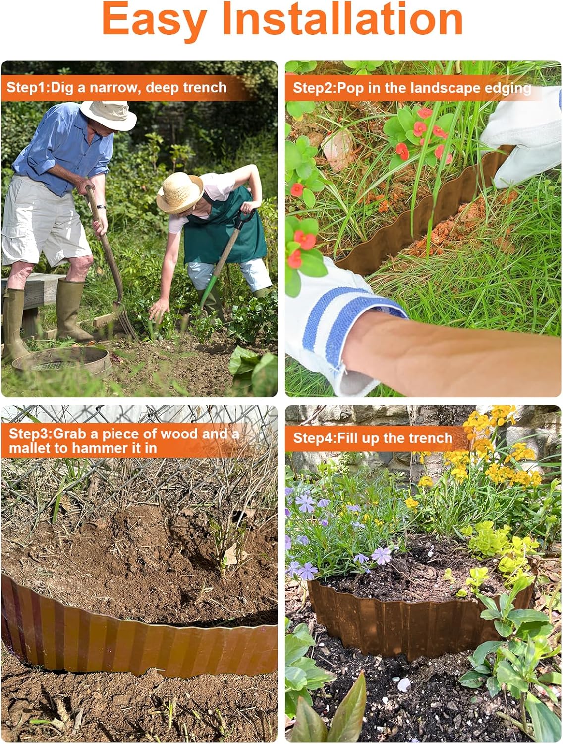 Vinci Garden Landscape Edging Border, 12 Inch x 20 FT Corrugated Sturdy Metal Easy Installation Safe Hemmed Lawn Garden Border Edges for DIY Flower Beds, Pathways and Patio Design (Brown)