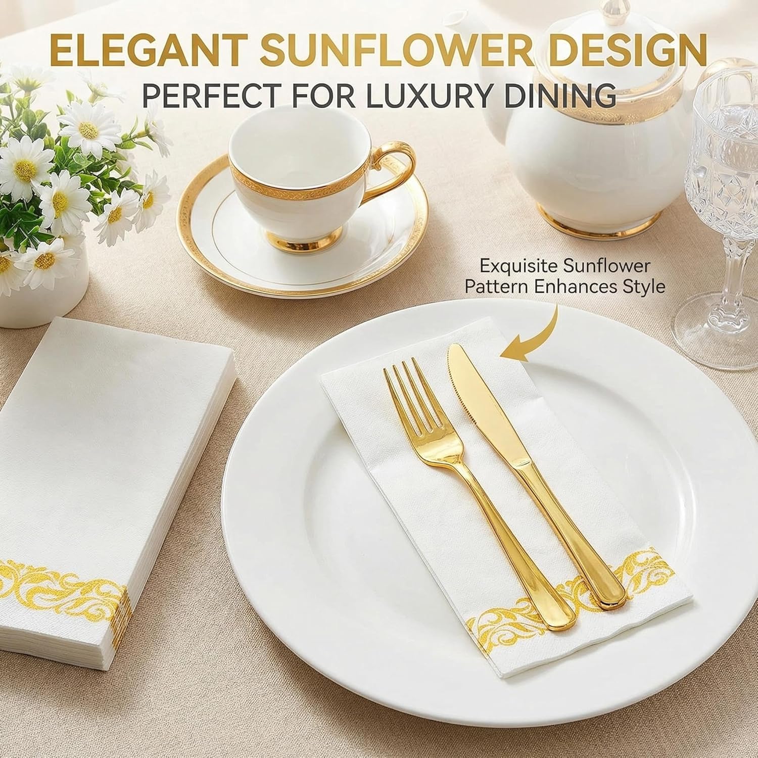 JEBBLAS 200 Disposable Hand Towels, Soft and Absorbent Linen Feel Dinner Napkin, Decorative Napkins for Parties, Weddings, Events or Everyday, Gold and White